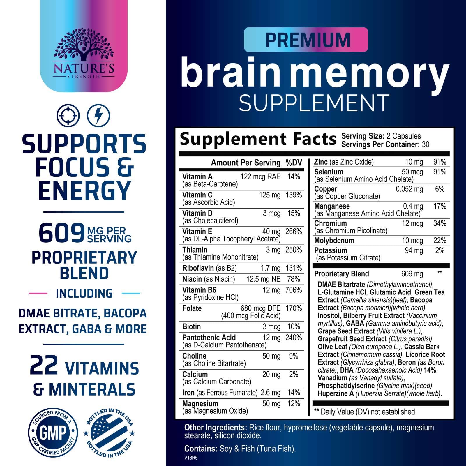Brain Memory Supplement Pills - 3X Strength Nootropics for Concentration, Clarity & Focus Support - Brain Health Cognitive Vitamins with Bacopa, Phosphatidylserine & DMAE, Brain Booster - 60 Capsules Nature's Strength uk supplements