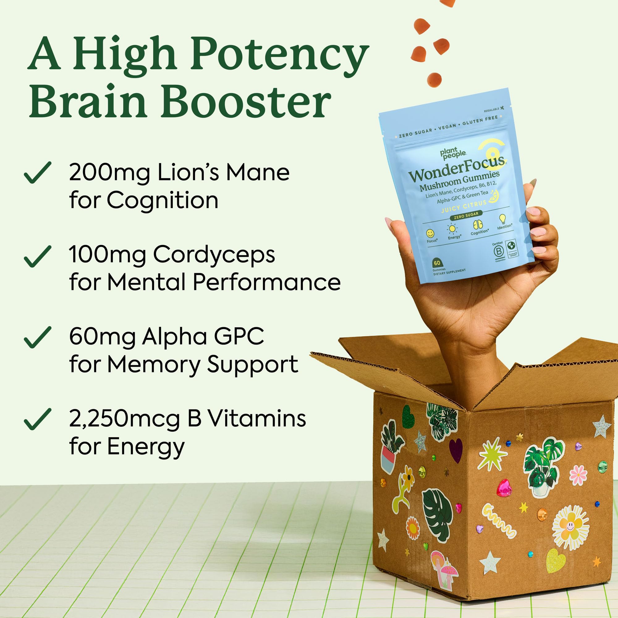 Plant People WonderFocus Mushroom Gummies with Lion’s Mane & Cordyceps - Nootropic Brain Supplement Boosts Memory, Focus, Energy & Mood in Adults | No Sugar, 100% Vegan, Citrus Flavor, 60 Count Plant People uk supplements