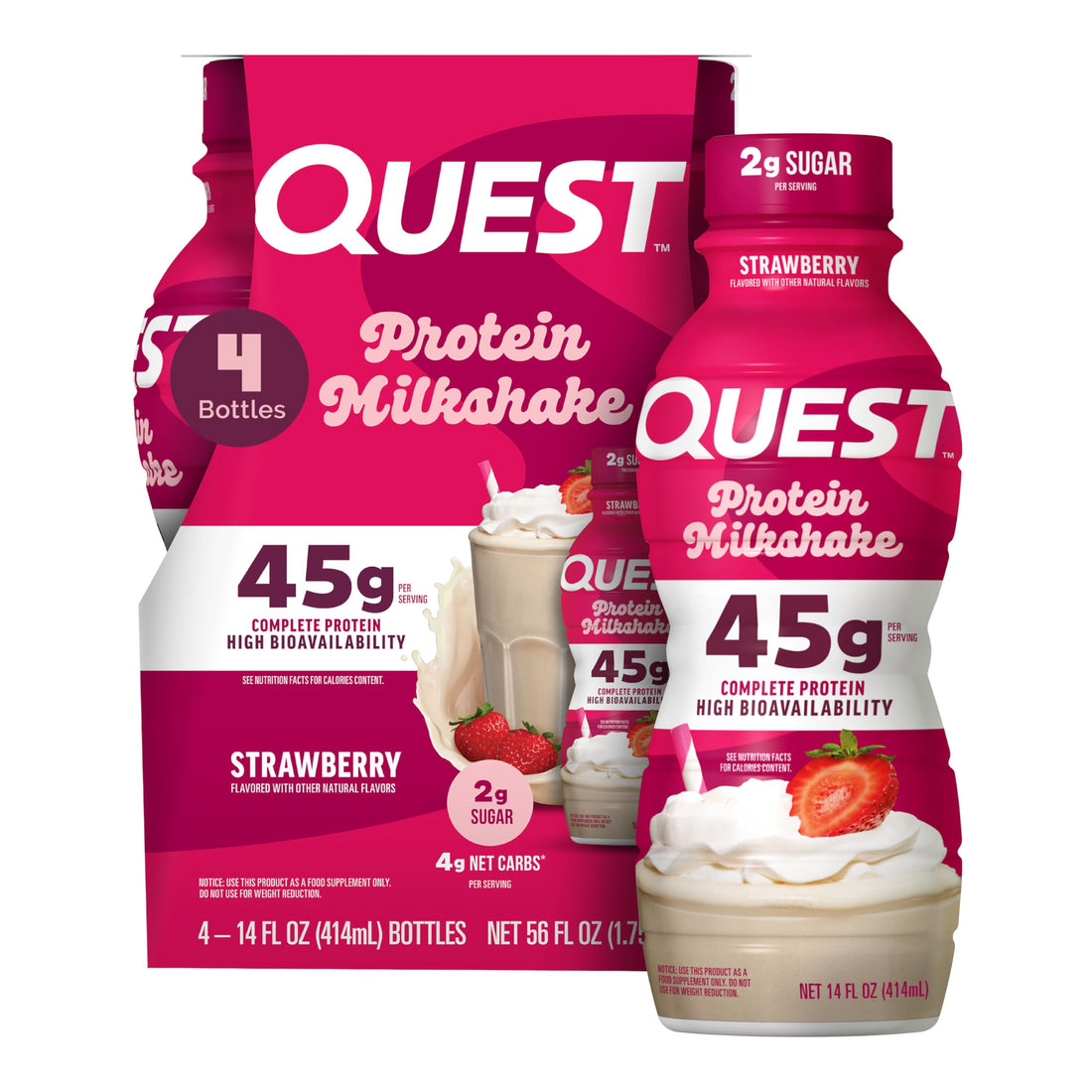Quest Nutrition Strawberry Protein Shake, 45g Protein, 2g Sugar, 4g Net Carbs, Ready to Drink, Gluten Free, 4 Count Quest uk supplements