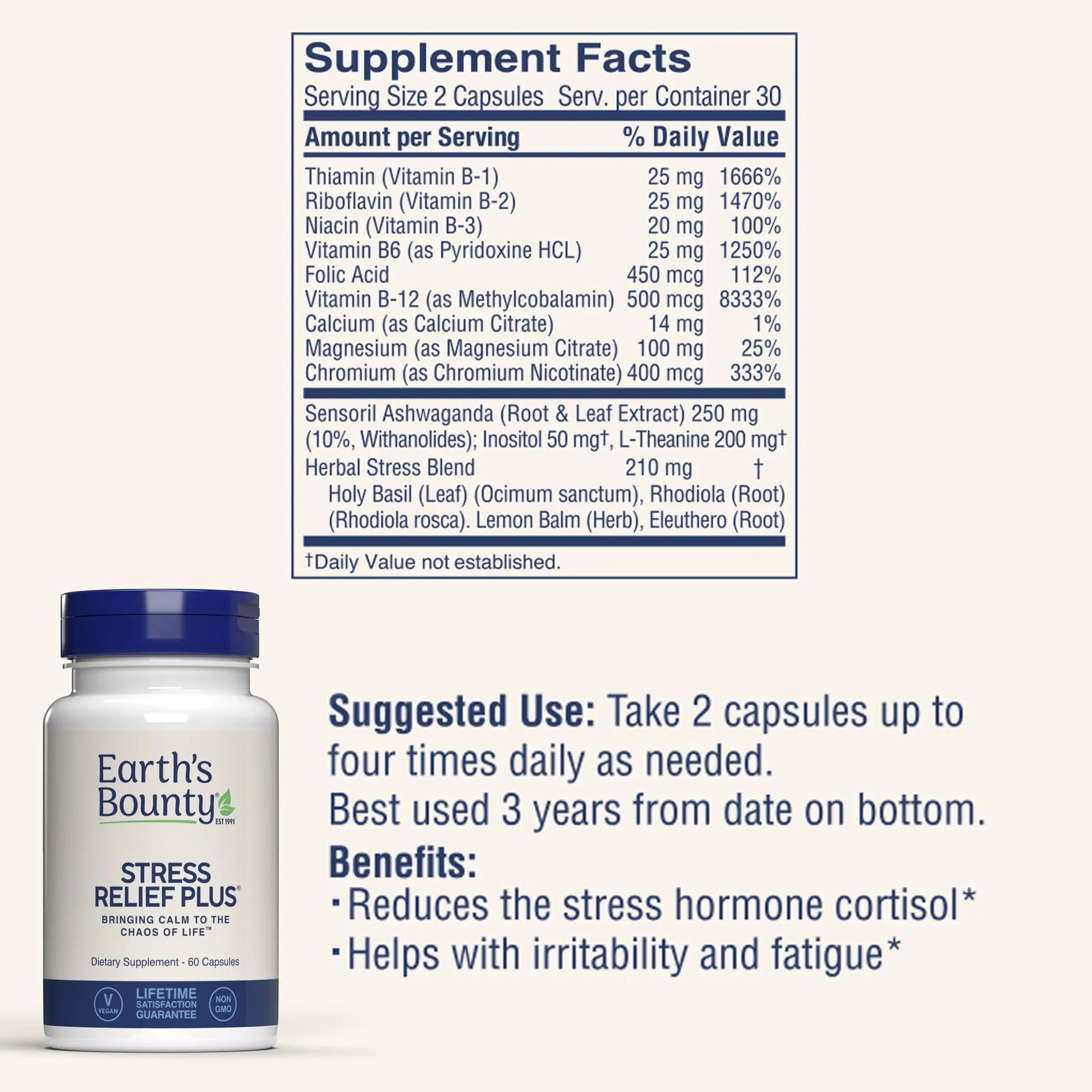 Earth's Bounty - Stress Relief Plus - 60 Vegetarian Capsules - All Natural Formula - Stress Support & Mood Enhancing Supplement Earth's Bounty uk supplements