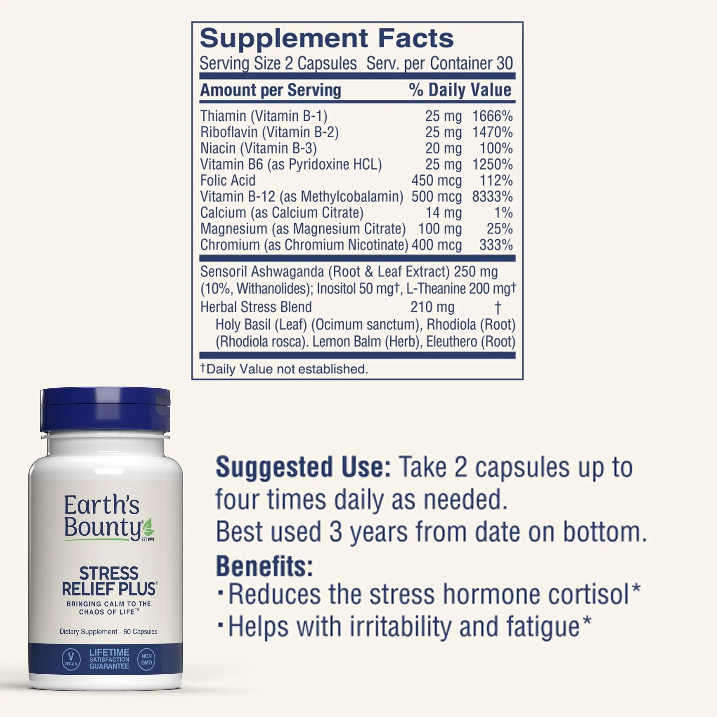 Earth's Bounty - Stress Relief Plus - 60 Vegetarian Capsules - All Natural Formula - Stress Support & Mood Enhancing Supplement Earth's Bounty uk supplements