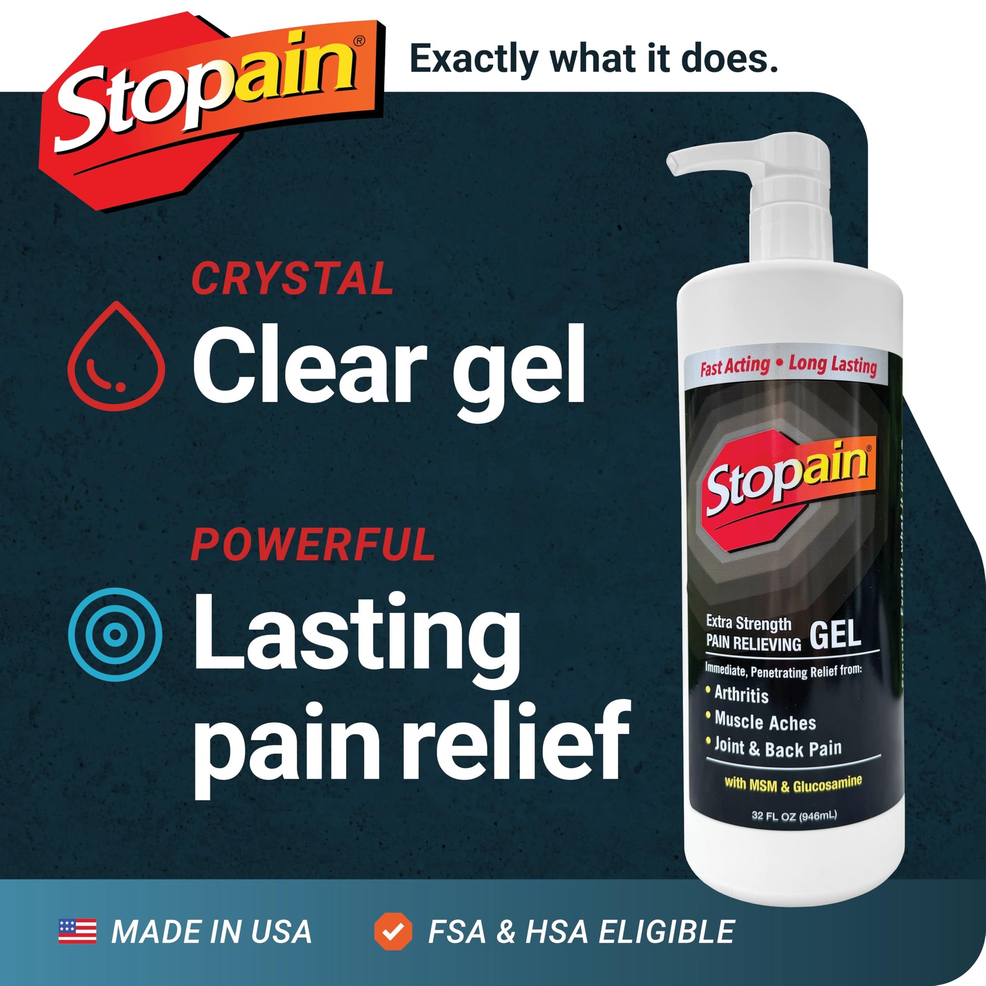 Stopain Pain Relief Gel 32oz, USA Made, Max Strength Fast Acting with Menthol, MSM, Glucosamine for Joint Pain, Back Pain, Arthritis, Knee, Neck Pain, HSA FSA Approved OTC Topical Analgesic Product Stopain uk supplements
