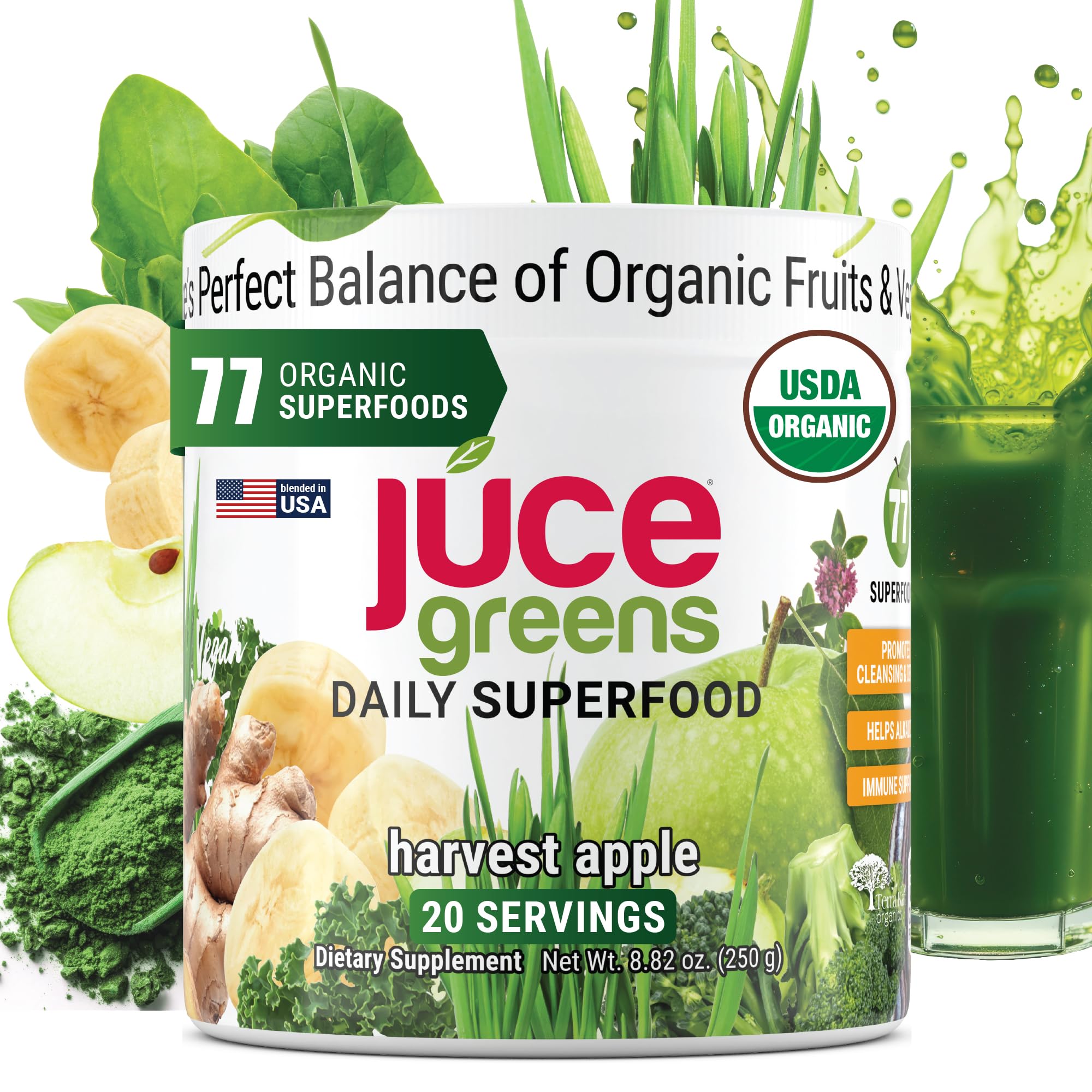 Terra Kai Organics JUCE Green Superfood Powder, Organic Fruits and Veggies Supplement W/ 77 Superfoods Plus Prebiotic Probiotic Blend, Harvest Apple Flavor - 20 Servings (250 g) Terra Kai Organics uk supplements