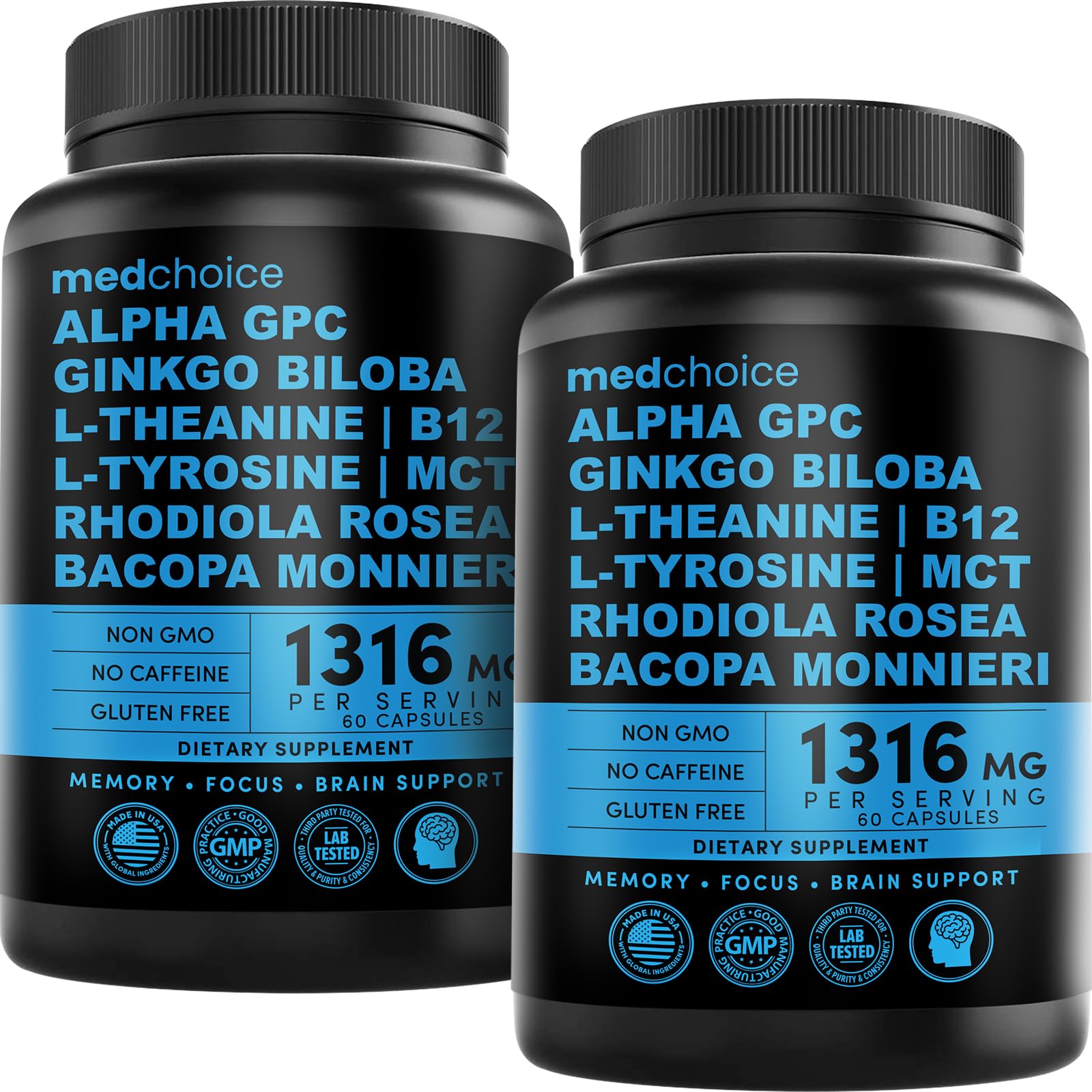 12-in-1 Nootropic Brain Supplement Anhydrous: Ginkgo Biloba for Brain Support, Memory and Focus - B12, Alpha GPC, L Theanine and Choline Supplements with Bioperine non Caffeinated 1321mg (120ct) MEDCHOICE uk supplements