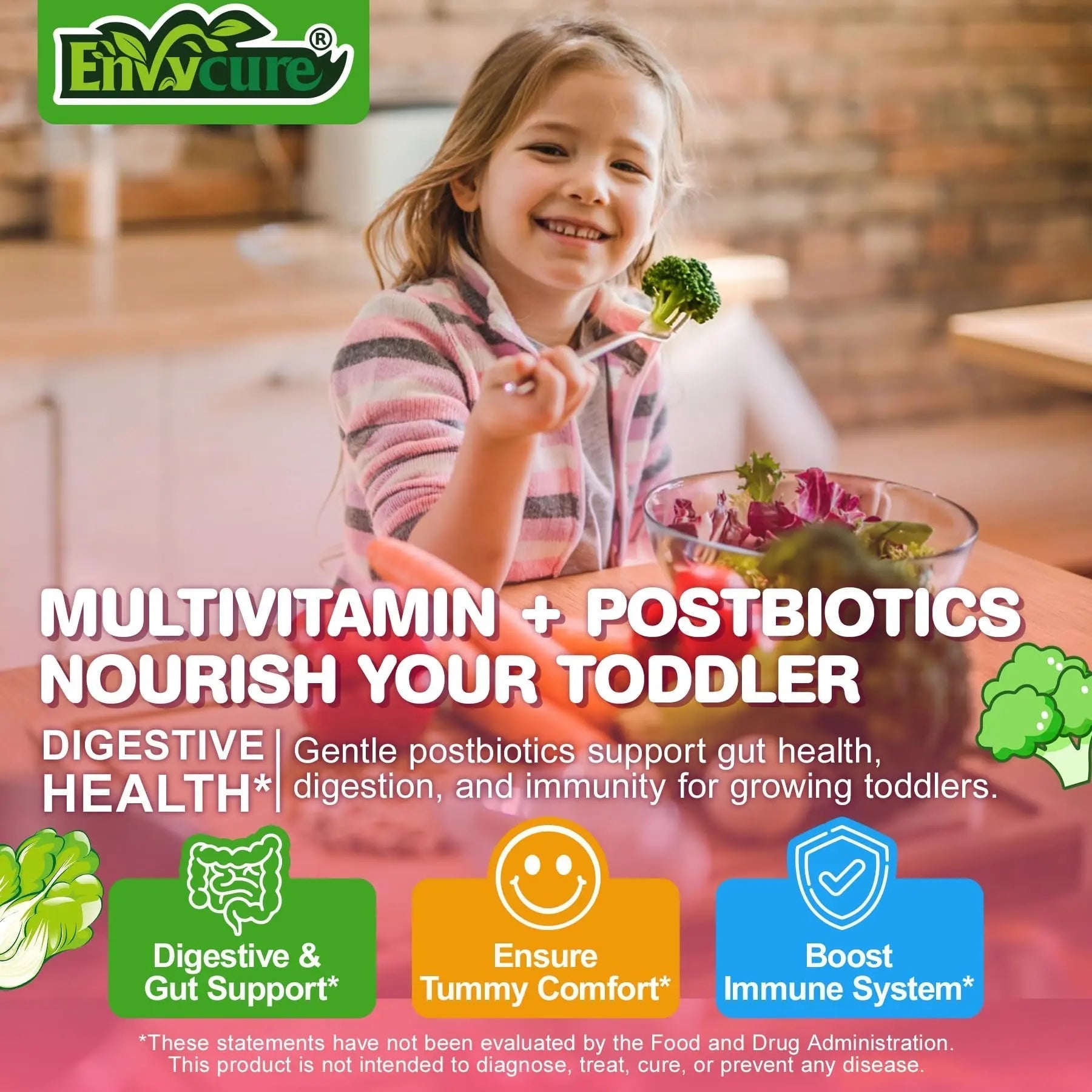 Organic Toddler Multivitamin Gummies + Omega-3 (DHA/EPA), Postbiotics | kids 2+ multivitamin | Vitamins A C D3 Methyl B12 Folate Zinc EnvyCure uk supplements