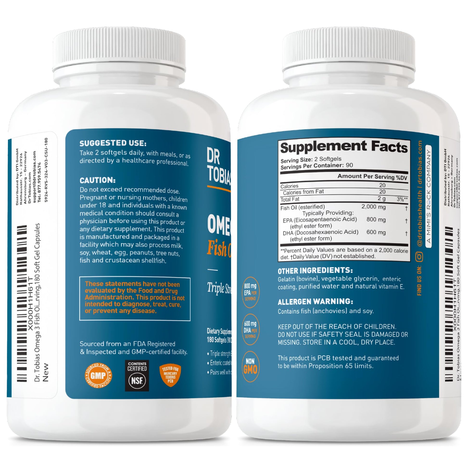 Dr. Tobias Omega 3 Fish Oil 2000mg Triple Strength with 800mg EPA 600mg DHA Per Serving | Fish Oil Omega 3 Supplements for Heart Brain & Immune Support - 180 Softgels (90 Servings) Dr. Tobias uk supplements