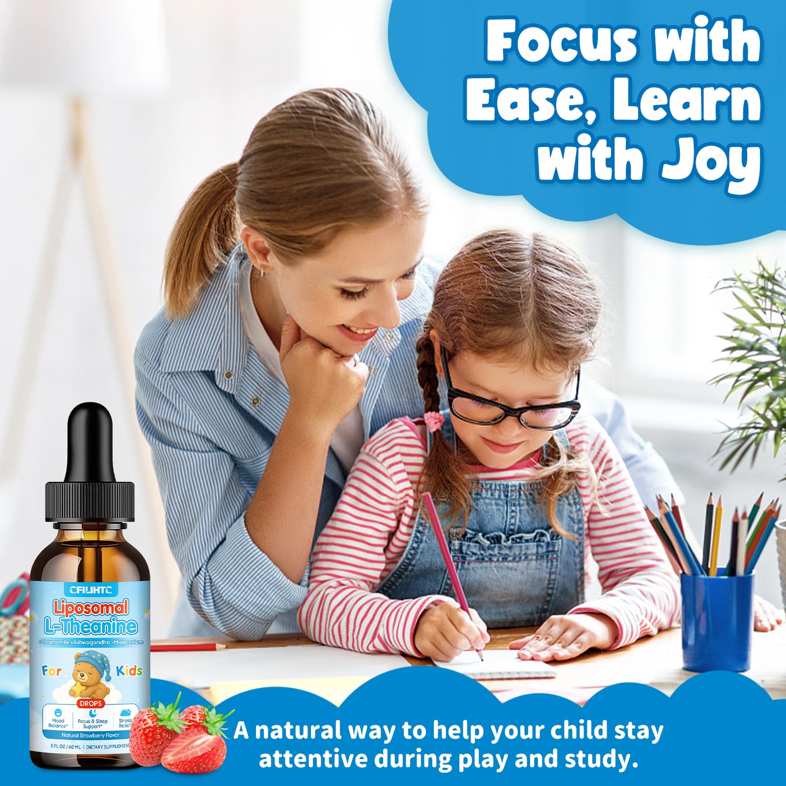 Liposomal L-Theanine Drops for Kids & Adults – Liquid L-Theanine Supplement with Magnesium Glycinate, Ashwagandha, Chamomile, Vitamin B6 & D3 – Supports Calm, Focus & Restful Sleep – Strawberry Flavor CFILIHTC uk supplements