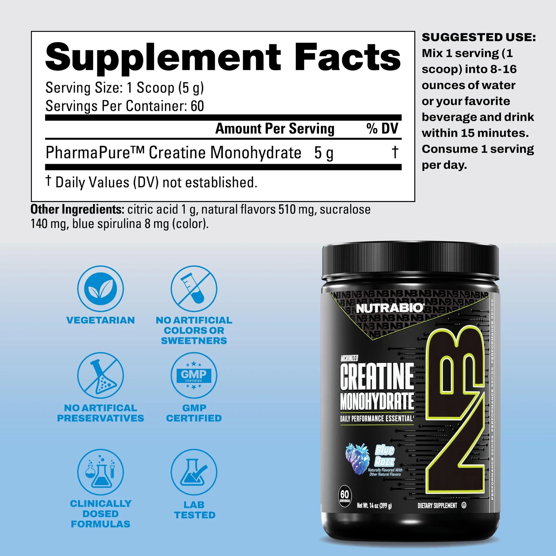 NutraBio Pure Micronized Creatine Monohydrate Powder Supplement, Blue Razz (300 g) - Supports Bulk Muscle Energy, Recovery, and Strength - HPLC Tested Creatine Powder Supplement for Men and Women NutraBio uk supplements