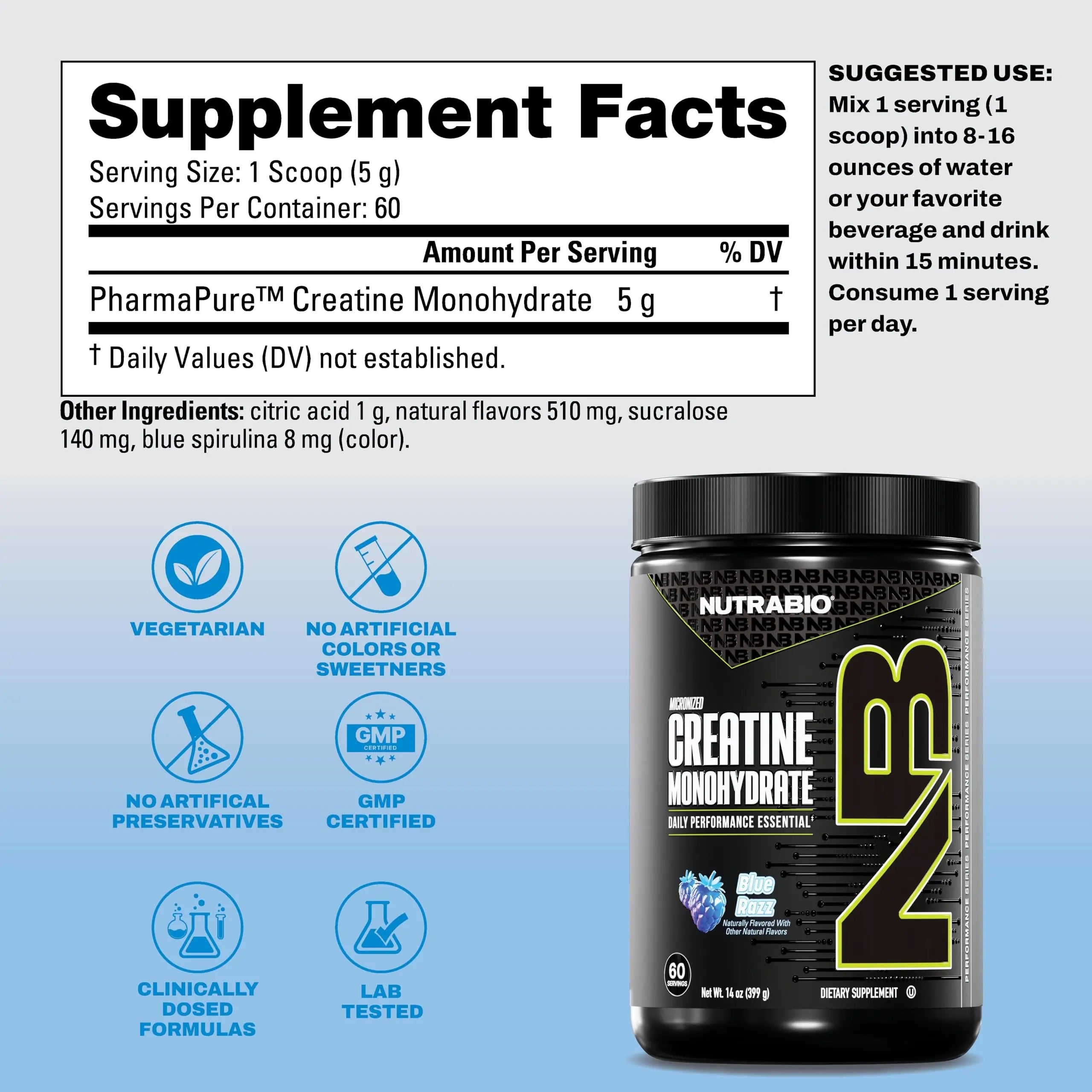 NutraBio Pure Micronized Creatine Monohydrate Powder Supplement, Blue Razz (300 g) - Supports Bulk Muscle Energy, Recovery, and Strength - HPLC Tested Creatine Powder Supplement for Men and Women NutraBio uk supplements