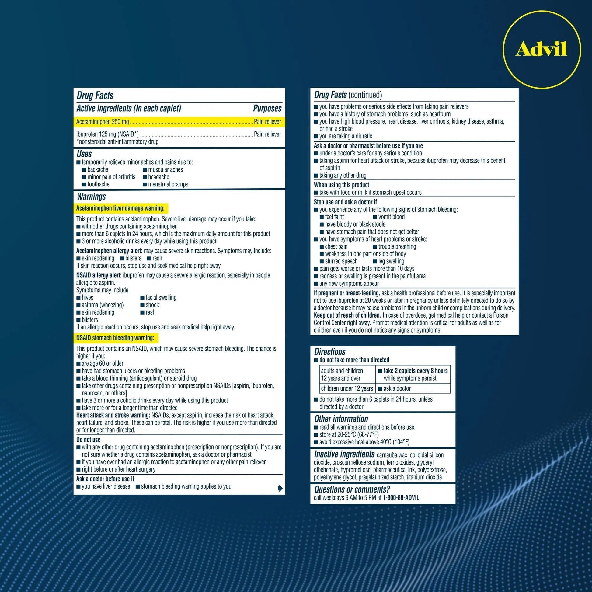 Advil Dual Action Back Pain Caplets Delivers 125mg Ibuprofen and 250mg Acetaminophen Per Dose for 8 Hours of Back Pain Relief - 144 Count Advil uk supplements
