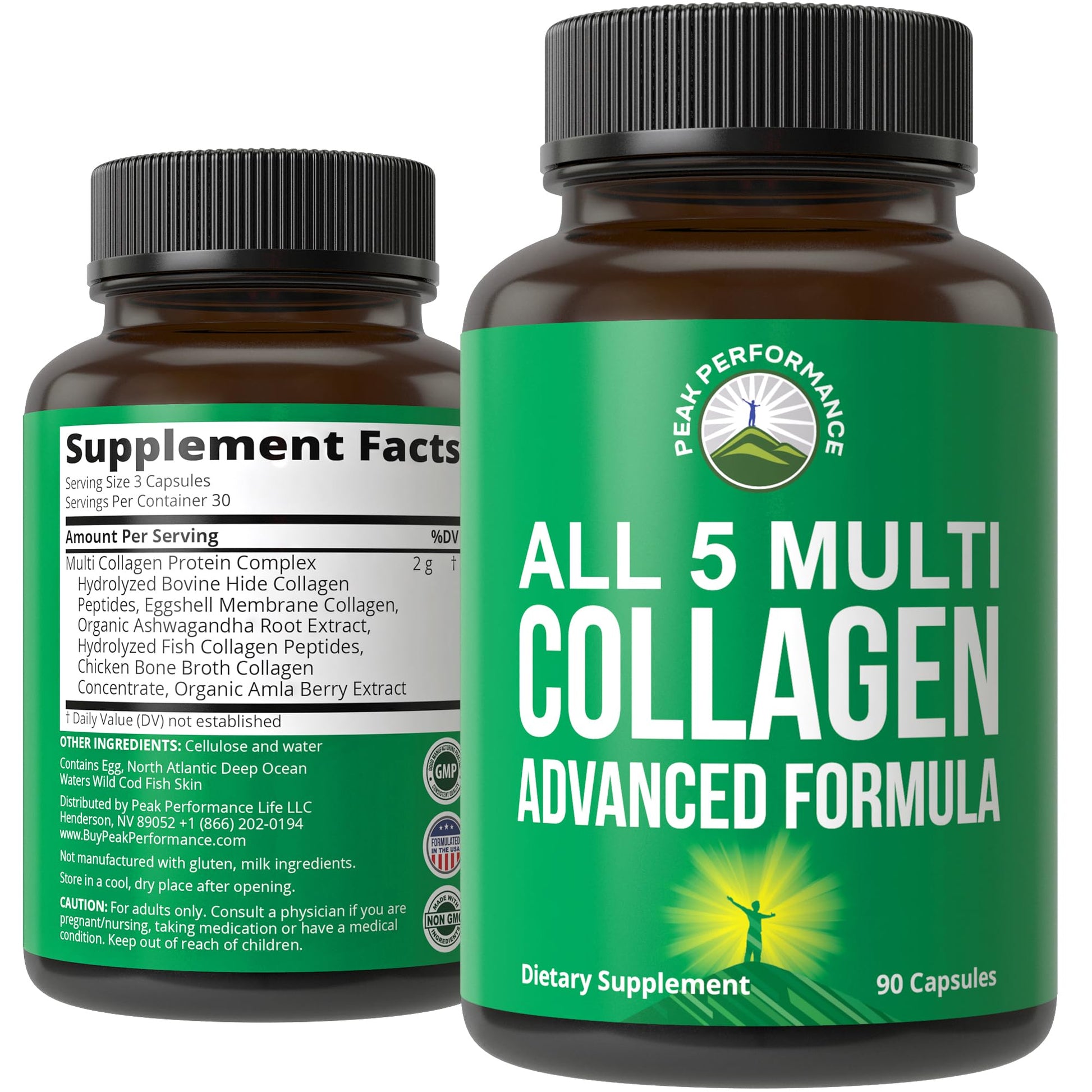 Peak Performance All 5 Multi-Collagen Capsules - 90 Pills of Grass Fed Peptides Protein - Supplement with All 5 Collagen Types I, II, III,V, X from Beef, Fish, Eggshell, and Chicken Bone Broth Peak Performance uk supplements