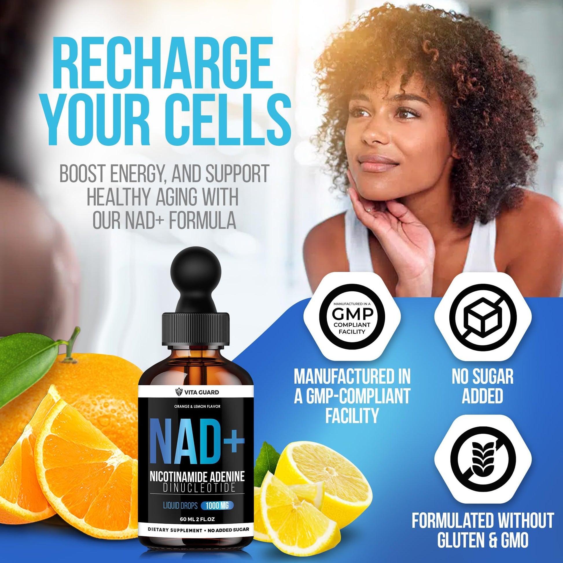 Vita Guard Pure NAD+ Supplements 1000mg Liquid Drops for Women & Man | Nicotinamide Adenine Similar to Nicotinamide Riboside NAD Plus Boosting Supplement - Natural Lemon & Orange Flavor Vita Guard uk supplements
