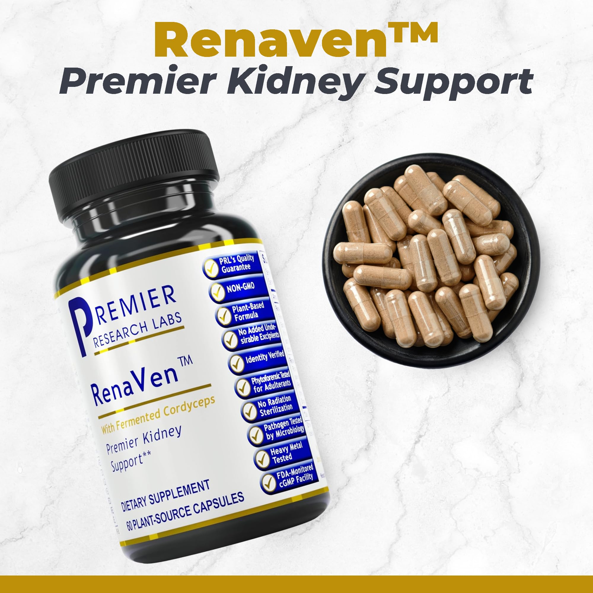 Premier Research Labs RenaVen - Premier Kidney Support for Kidney Cleanse Detox and Repair | Improve Kidney Function and Urinary Support with Fermented Cordyceps - 60 Plant-Source Capsules Premier Research Labs uk supplements
