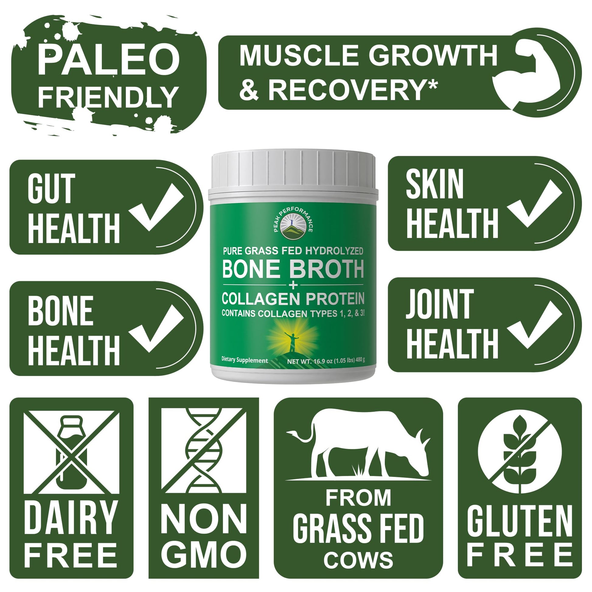 Peak Performance Hydrolyzed Bone Broth and Collagen Unflavored Protein Peptides Powder Contains All Collagen Types: 1, 2, and 3. Pure Pasture, Raised Grass Fed, Paleo Friendly, Gluten + Dairy Free Peak Performance uk supplements
