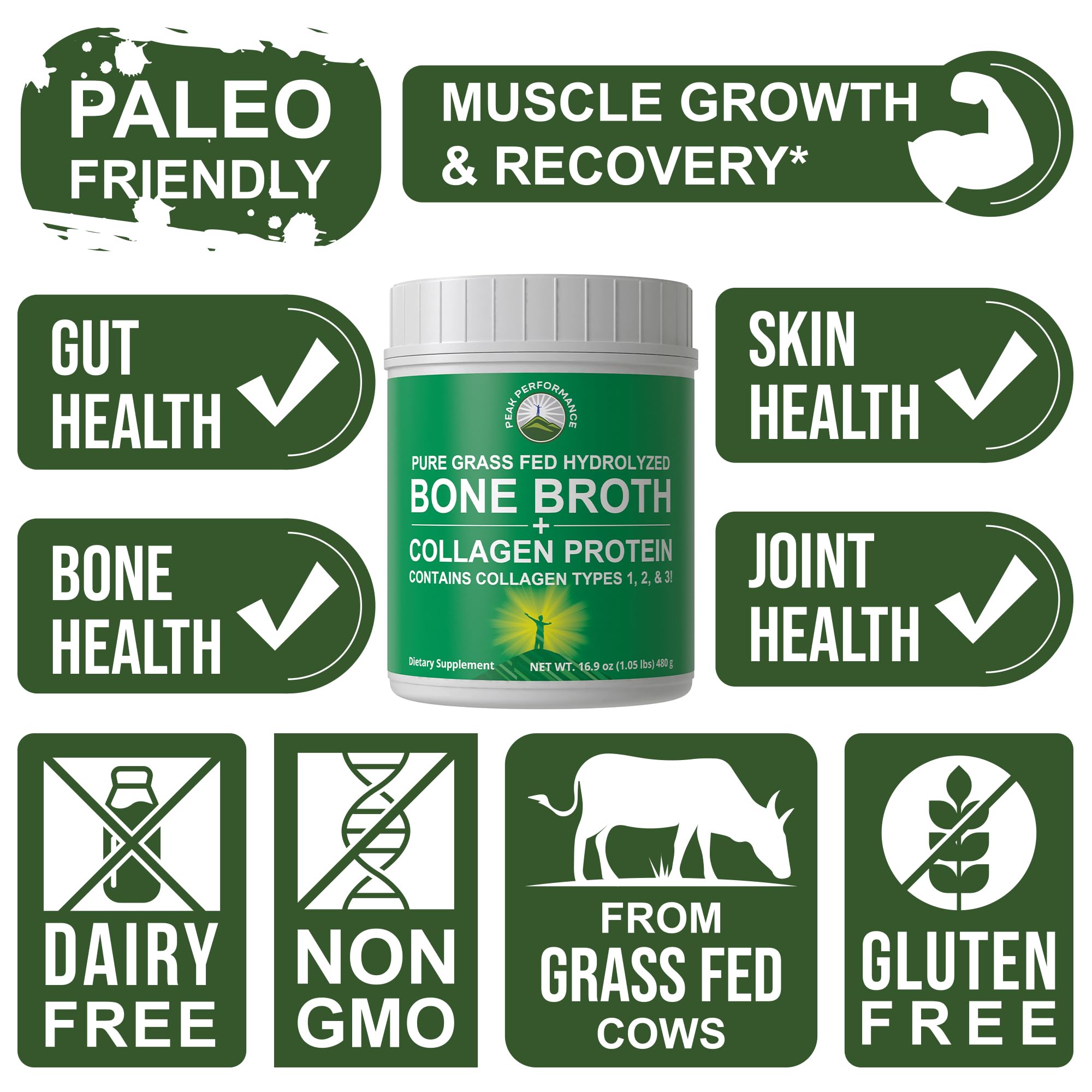 Peak Performance Hydrolyzed Bone Broth and Collagen Unflavored Protein Peptides Powder Contains All Collagen Types: 1, 2, and 3. Pure Pasture, Raised Grass Fed, Paleo Friendly, Gluten + Dairy Free Peak Performance uk supplements