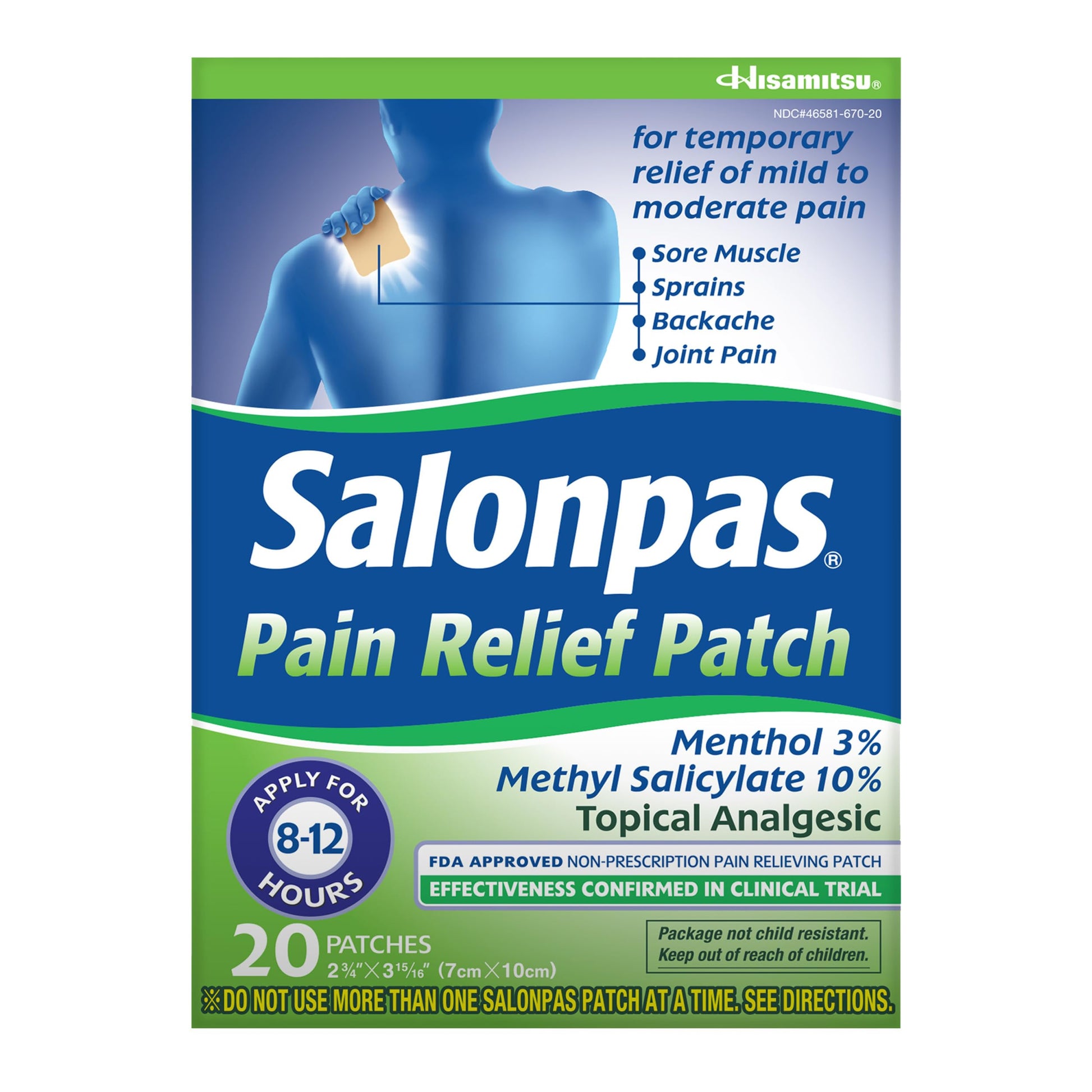 Salonpas Pain Relief Patch, 20 Count (Pack of 1), Up to 12 Hours Temporary Relief of Mild to Moderate Pain, Backache, Sore Muscle, Sprains, Bruises Salonpas uk supplements