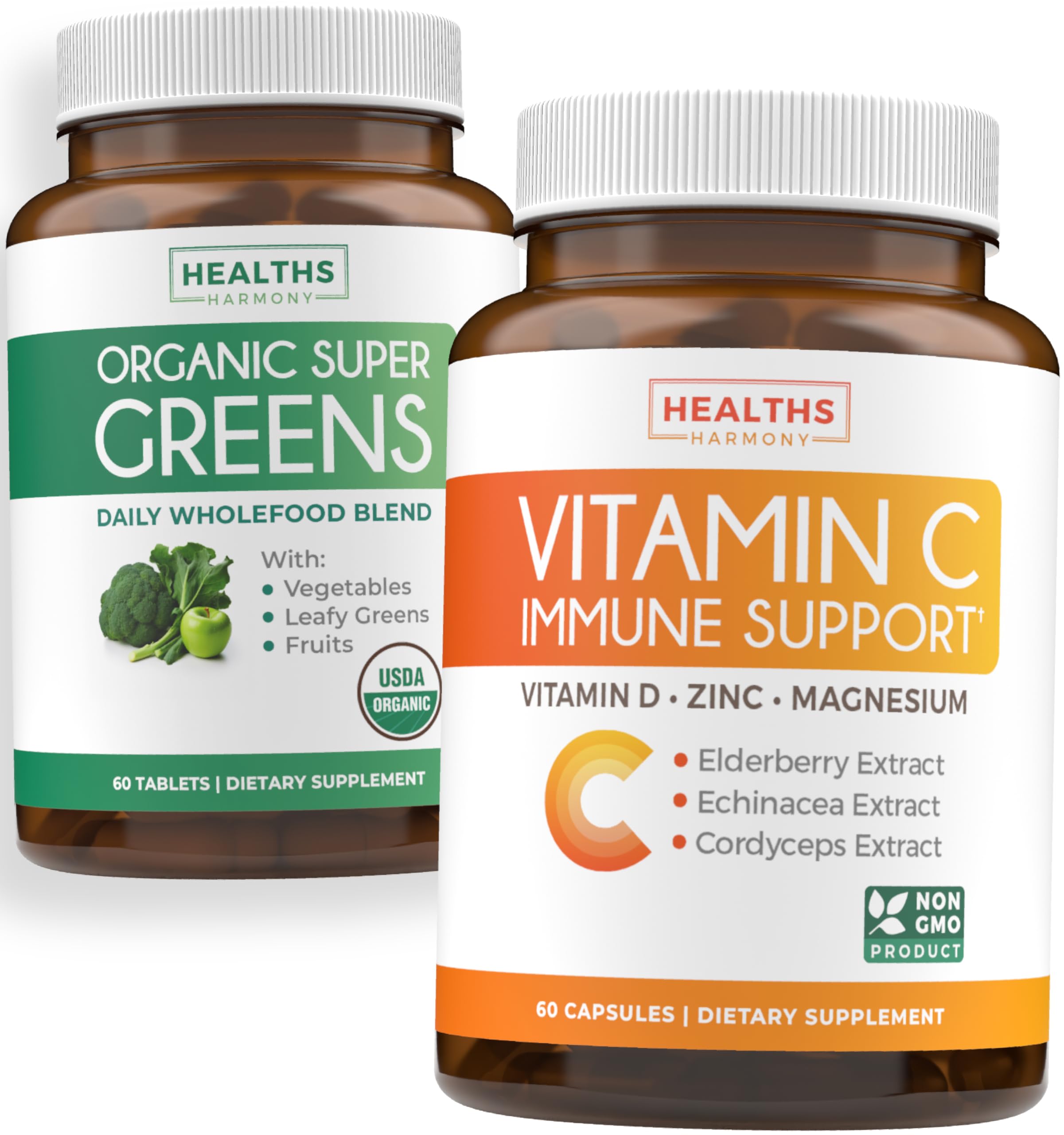 Super Greens & Vitamin C (1-Month Supply) Greens & C Synergy Bundle of Organic Super Greens Powder - Complete Superfood (60 Capsules) & & Vitamin C Immune Support (60 Vegetarian Caps)(Non-GMO) Healths Harmony uk supplements