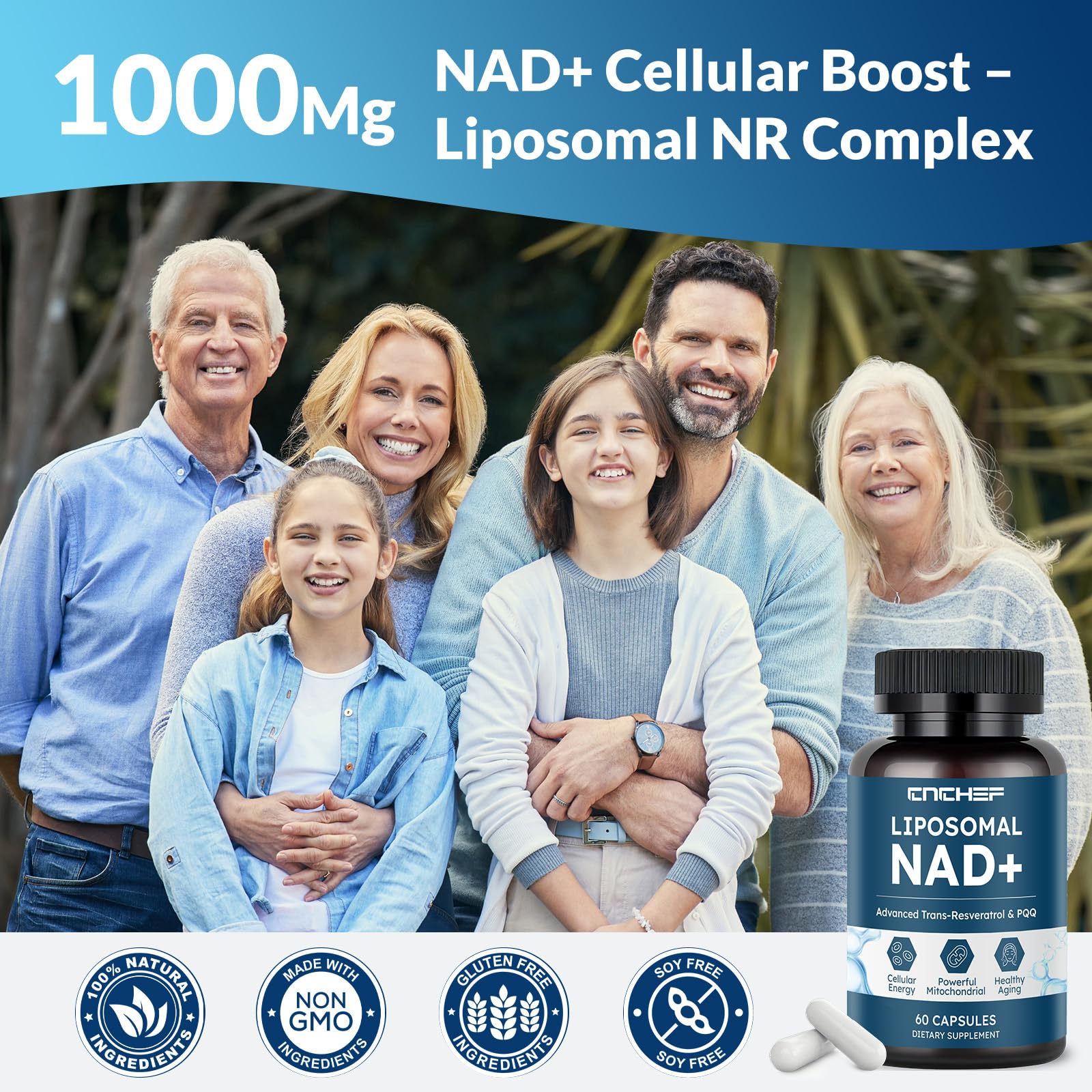 CNCHEF Liposomal NAD Supplement -1000mg, NAD Resveratrol Supplement for Women & Men with Nicotinamide Riboside, Resveratrol, PQQ & TMG, NAD Plus Boosts NAD+ Levels, Anti-Aging & Brain, 60 Capsules CNCHEF uk supplements