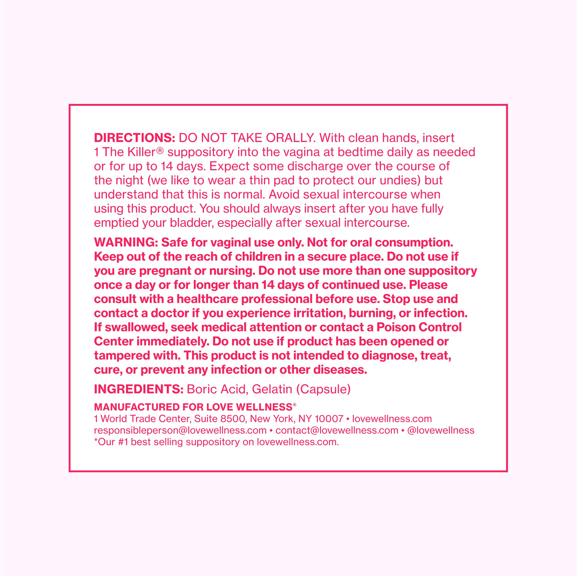 Love Wellness The Killer | 600mg Boric Acid Vaginal Suppositories | Balances pH & Supports Odor Control, a Healthy Vaginal Balance | Fast-Acting & Fragrance-Free | Gentle & Effective | 28 Ct Love Wellness uk supplements