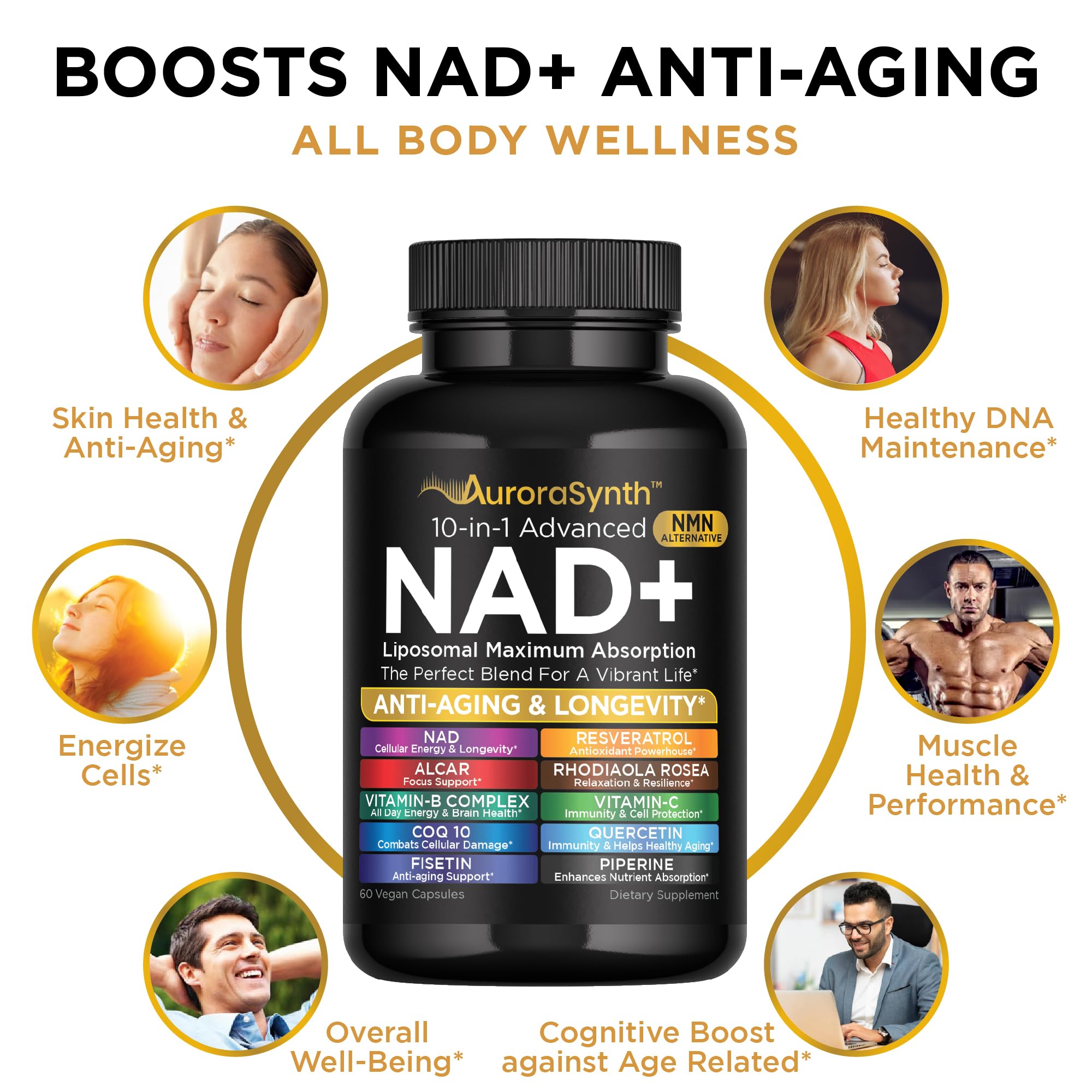 NAD+ Supplement Liposomal Capsules - Max Absorption for Cellular Energy, Healthy Aging, Brain Function & DNA Health - Vegan, Non-GMO, Gluten-Free Supplement - 60 Capsules - Supports NAD Levels AuroraSynth uk supplements