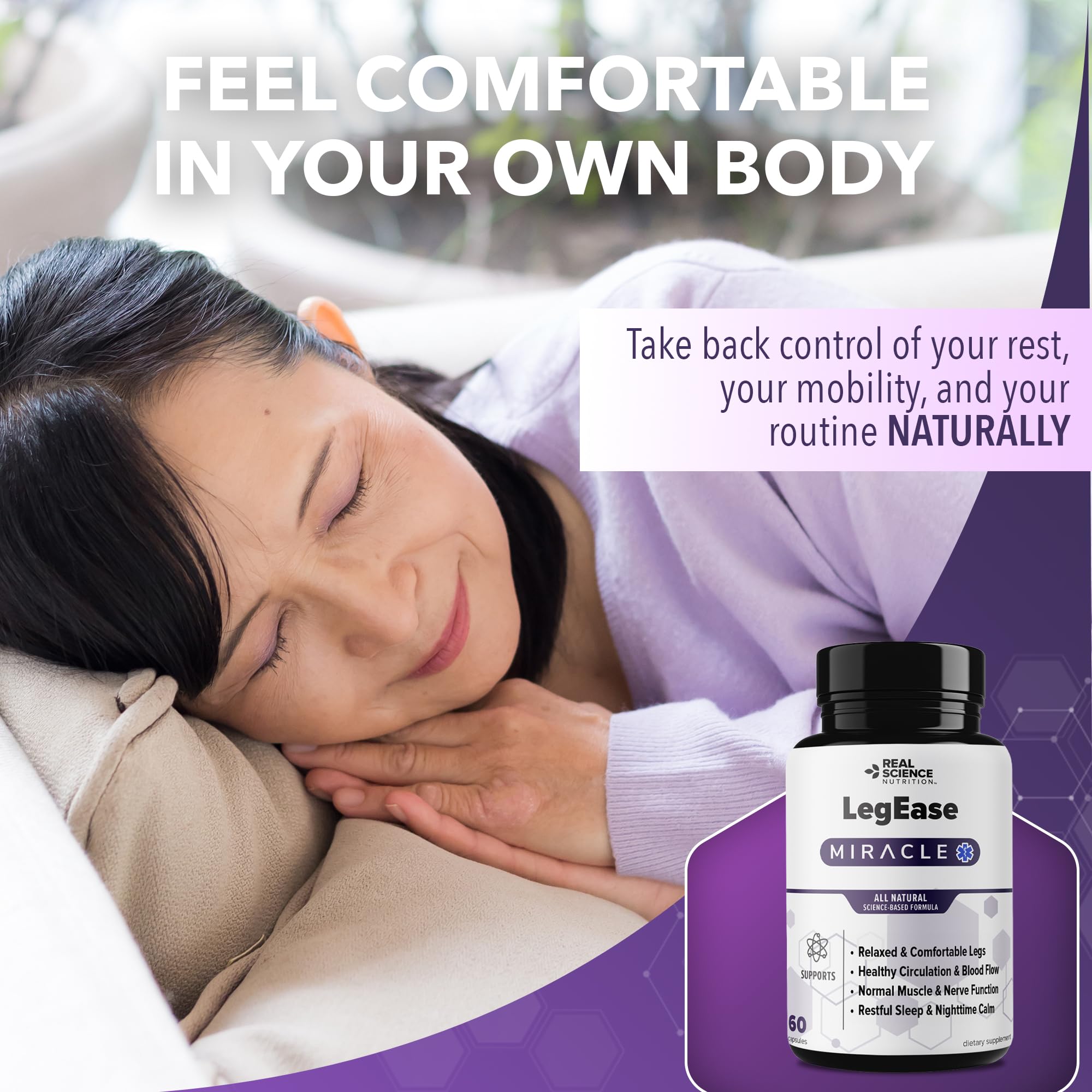 Real Science LegEase Miracle – All Natural Restless Legs Syndrome Relief & Leg Cramp Supplement with Vitamins C, D, K, B6, B12 + Nitric Oxide Support – Sleep & Circulation Aid – Made in USA, 60 Caps Real Science Nutrition uk supplements