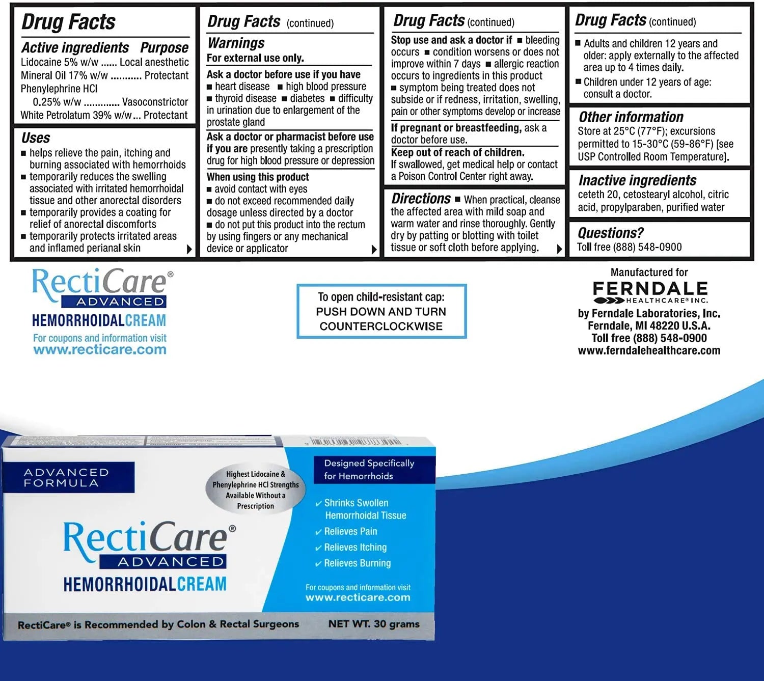Recticare Advanced Hemorrhoidal Cream: Advanced Treatment to Shrink & Soothe Hemorrhoids - Itch, Pain, Burn Relief - 30g Hemorrhoidal Cream with Lidocaine Recticare uk supplements
