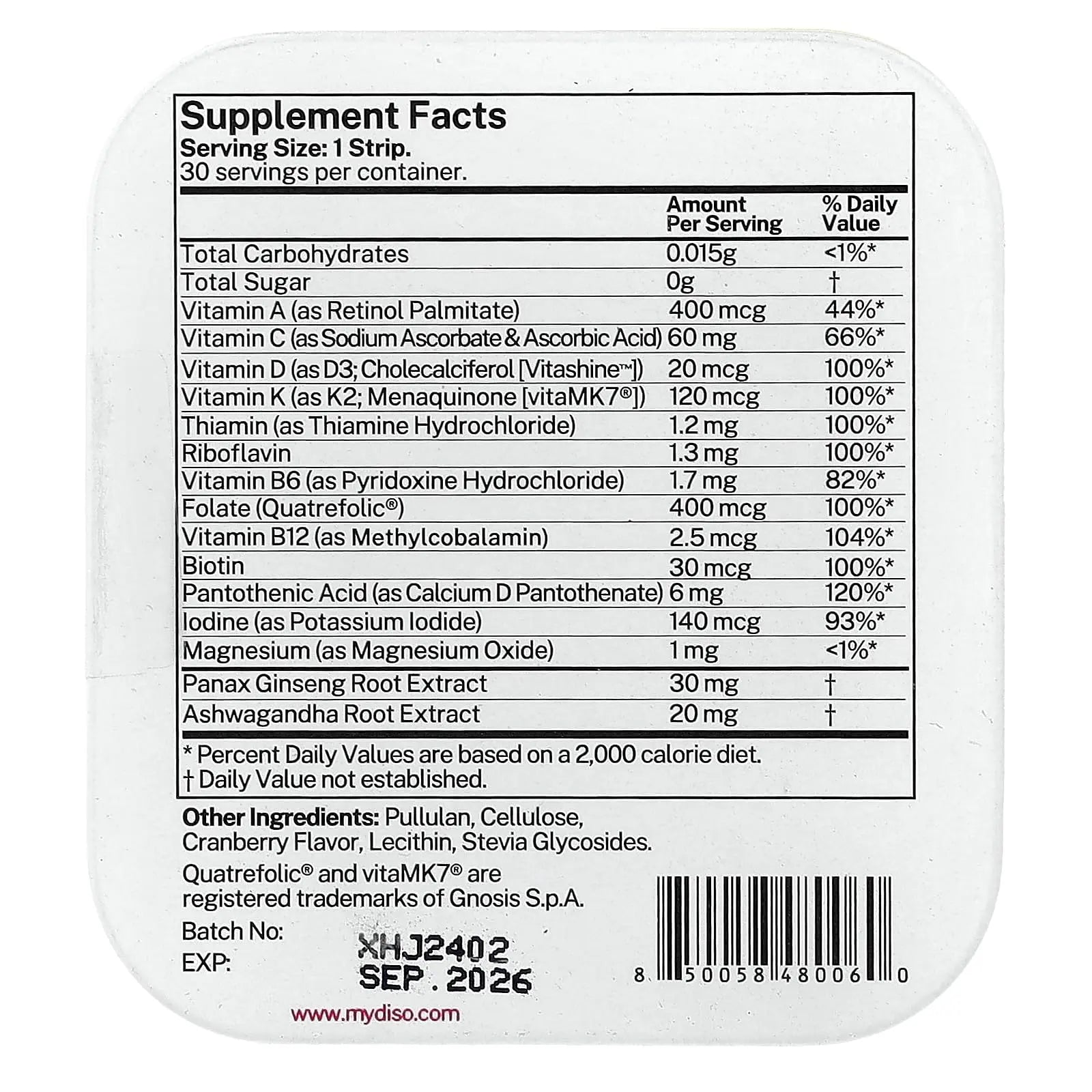 DISO - M-VIT - Fast-Dissolving Multivitamin Oral Strips, Cranberry Flavor, Vegan, Sugar Free, Gluten Free, Individually Wrapped DISO uk supplements