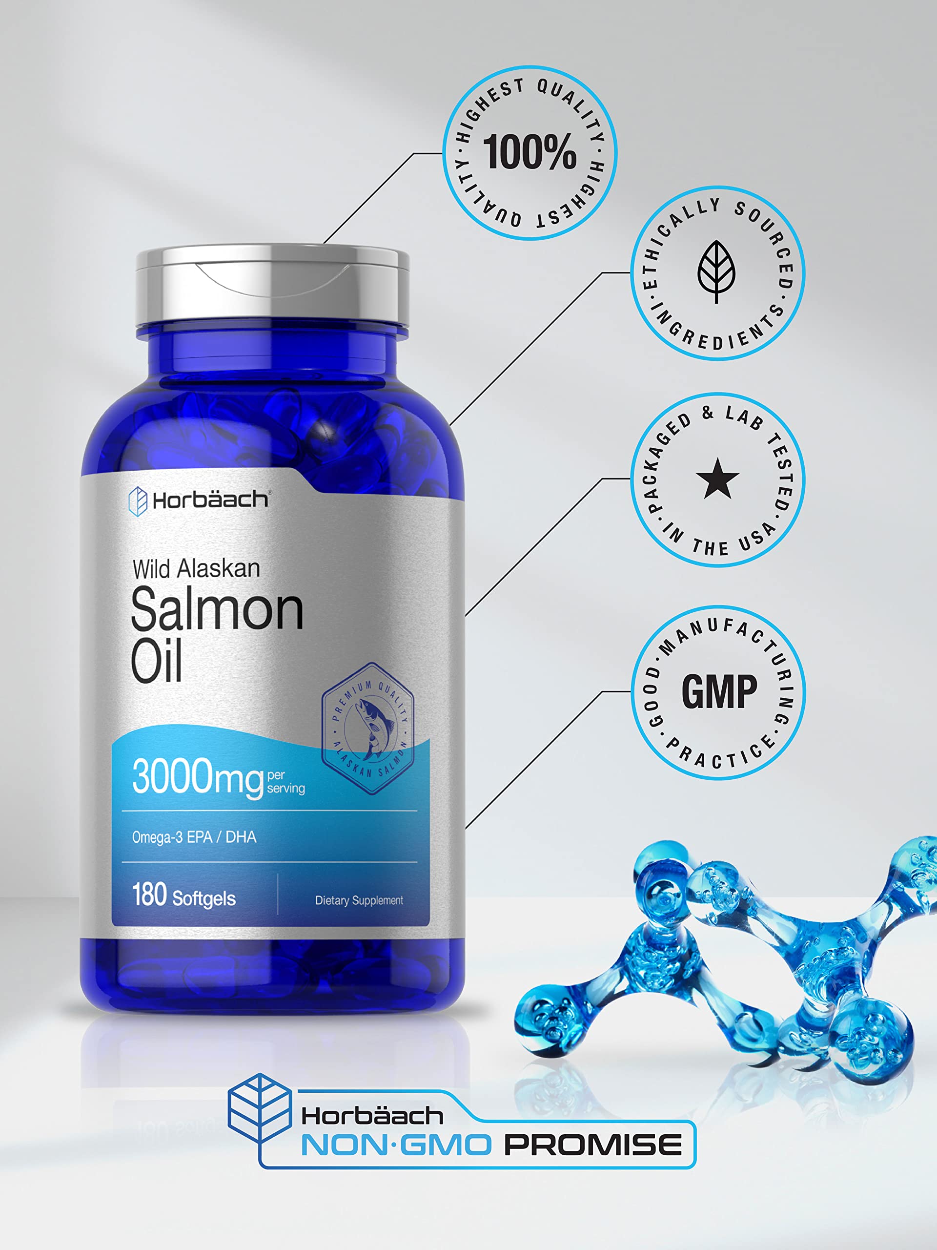 Wild Alaskan Salmon Fish Oil | 180 Softgel Capsules | Gluten Free, Non-GMO | High Potency Horbäach uk supplements