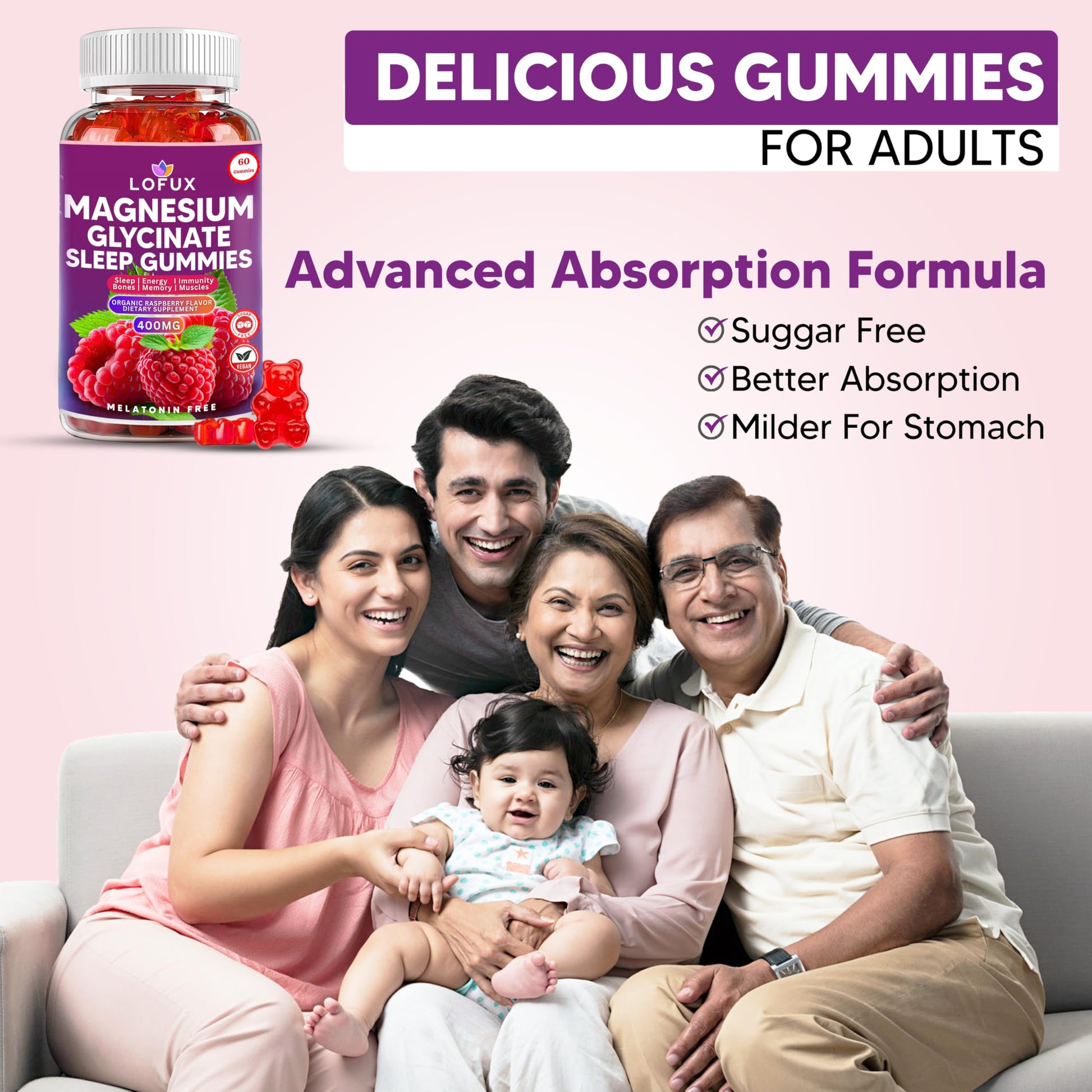 Lofux Magnesium Glycinate Gummies 400mg, Sugar Free Magnesium Gummies for Adults Women, Men, Chewable Supplement Gummy with L-Threonate, Vitamin D, B6, CoQ10 - for Calm, Sleep, Body Relaxation, 120 Ct Lofux uk supplements