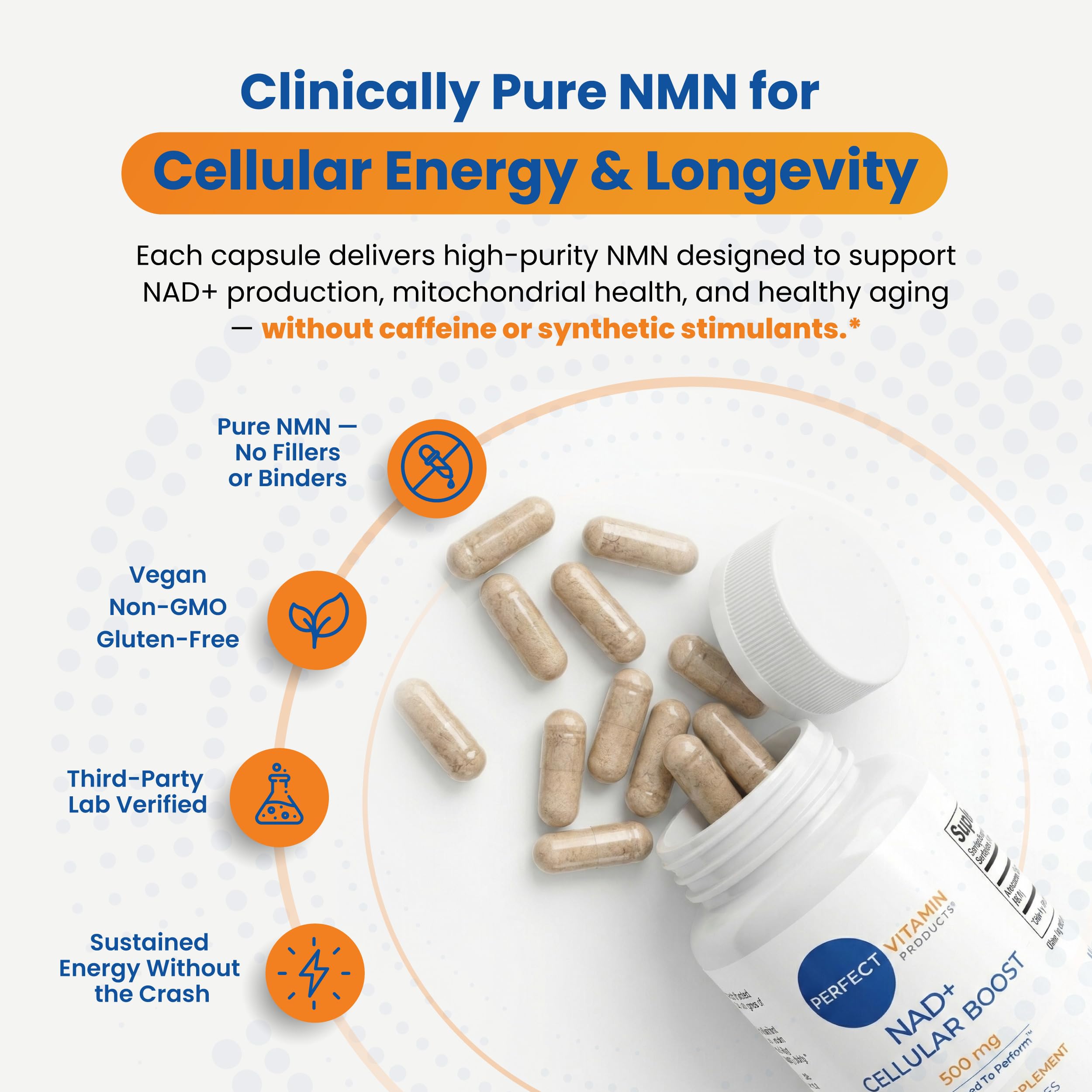 Perfect Vitamin Products NAD+ Cellular Boost – 500mg NMN Supplement for NAD+ Support, Cellular Energy, Brain Clarity & Anti-Aging – Longevity & Recovery Support – 90 Vegan Capsules (30 Servings) Perfect Vitamin Products uk supplements