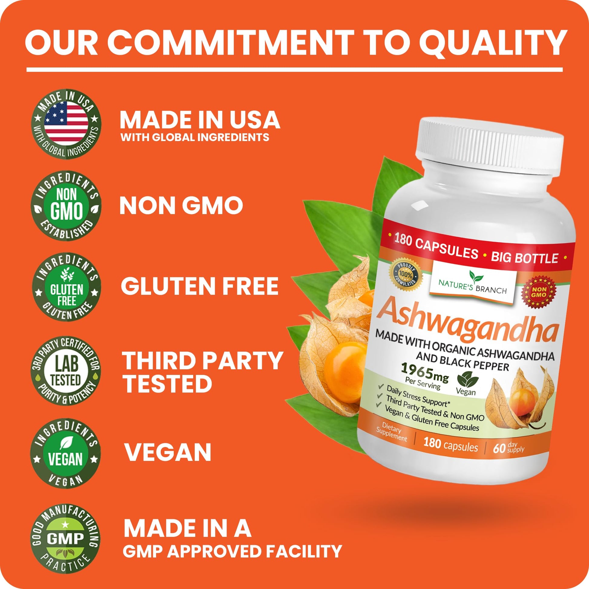 UDAF Certified Organic Ashwagandha with Black Pepper, 1965mg - Extra Strength for Stress, Sleep, Mood, Thyroid, Energy, Hair, Vegan Pure Root Extract Powder Supplement for Men and Women | 180 Capsules NATURE'S BRANCH uk supplements