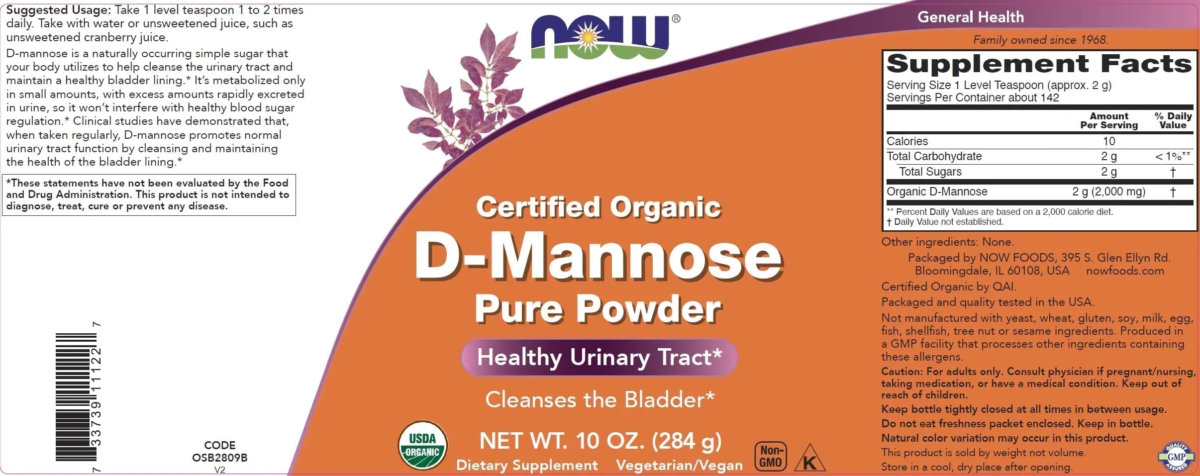 NOW Foods Pure, Organic D-Mannose 10 oz Powder - Bladder Cleanse and Urinary Tract Health Supplement - Non-GMO - Vegan Friendly - 2000mg / 2 Grams per Serving NOW Foods uk supplements