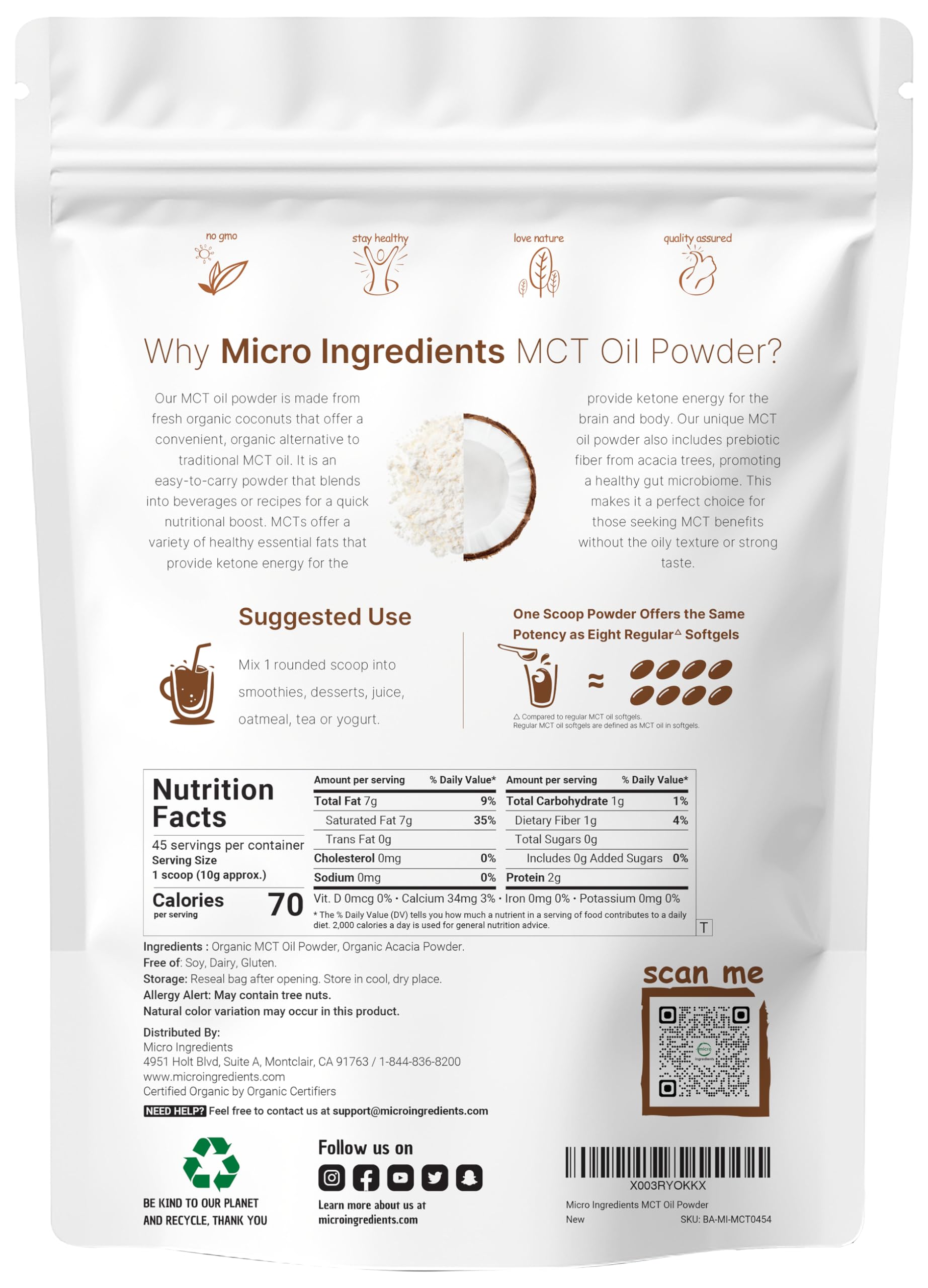 Organic MCT Oil Powder with Prebiotic Fiber,1 Pound(16 Ounce), Fast Fuel for Body and Brain Micro Ingredients uk supplements