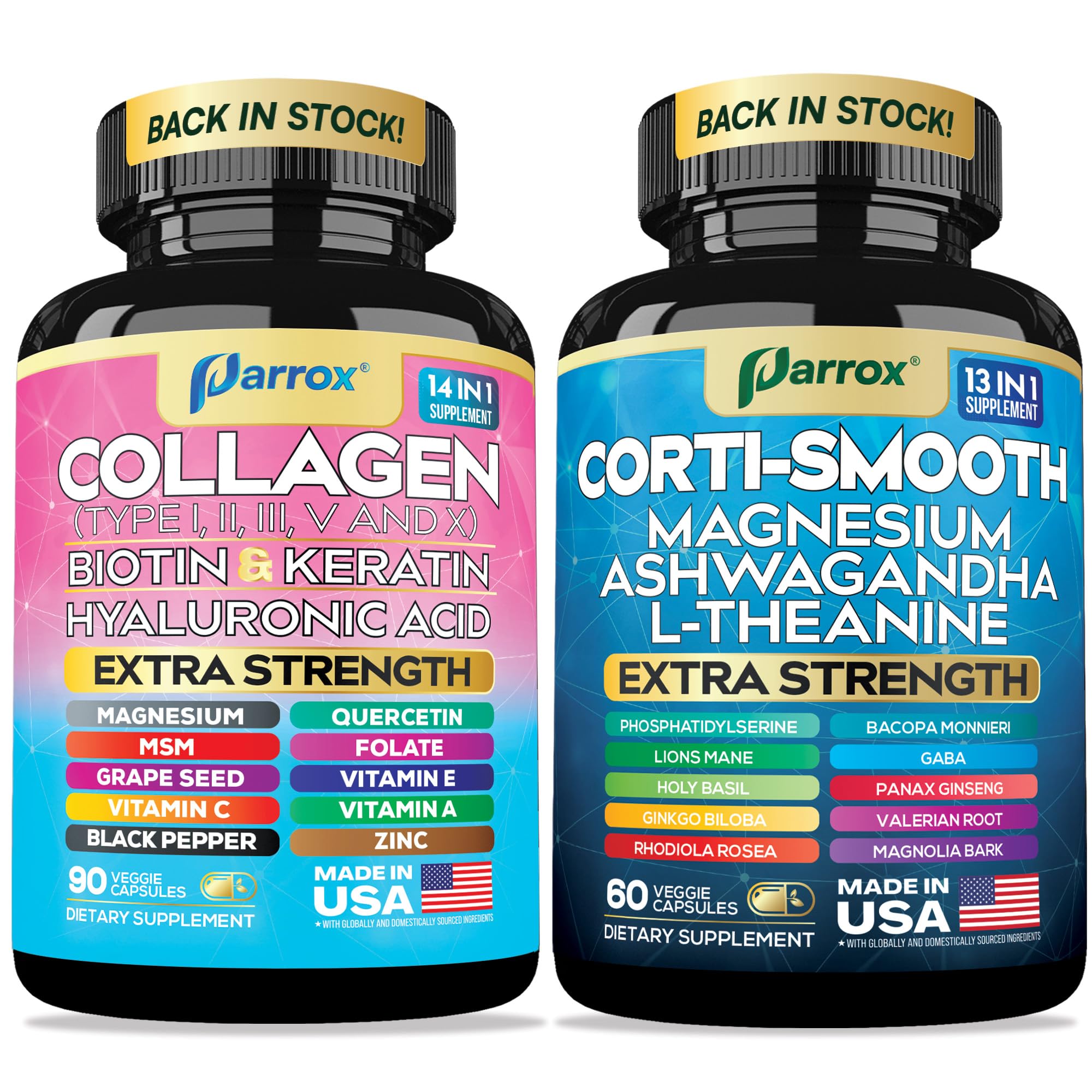 Parrox Shining Serenity Set, Cortisol Support with Ashwagandha, L-Theanine, Magnesium, Lions Mane, GABA, Bacopa Monnieri, Collagen I, II, III, V, X, Folate, Biotin, Keratin, Hyaluronic Acid, Quercetin Parrox uk supplements