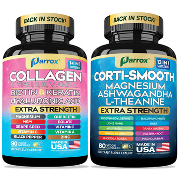 Parrox Shining Serenity Set, Cortisol Support with Ashwagandha, L-Theanine, Magnesium, Lions Mane, GABA, Bacopa Monnieri, Collagen I, II, III, V, X, Folate, Biotin, Keratin, Hyaluronic Acid, Quercetin Parrox uk supplements