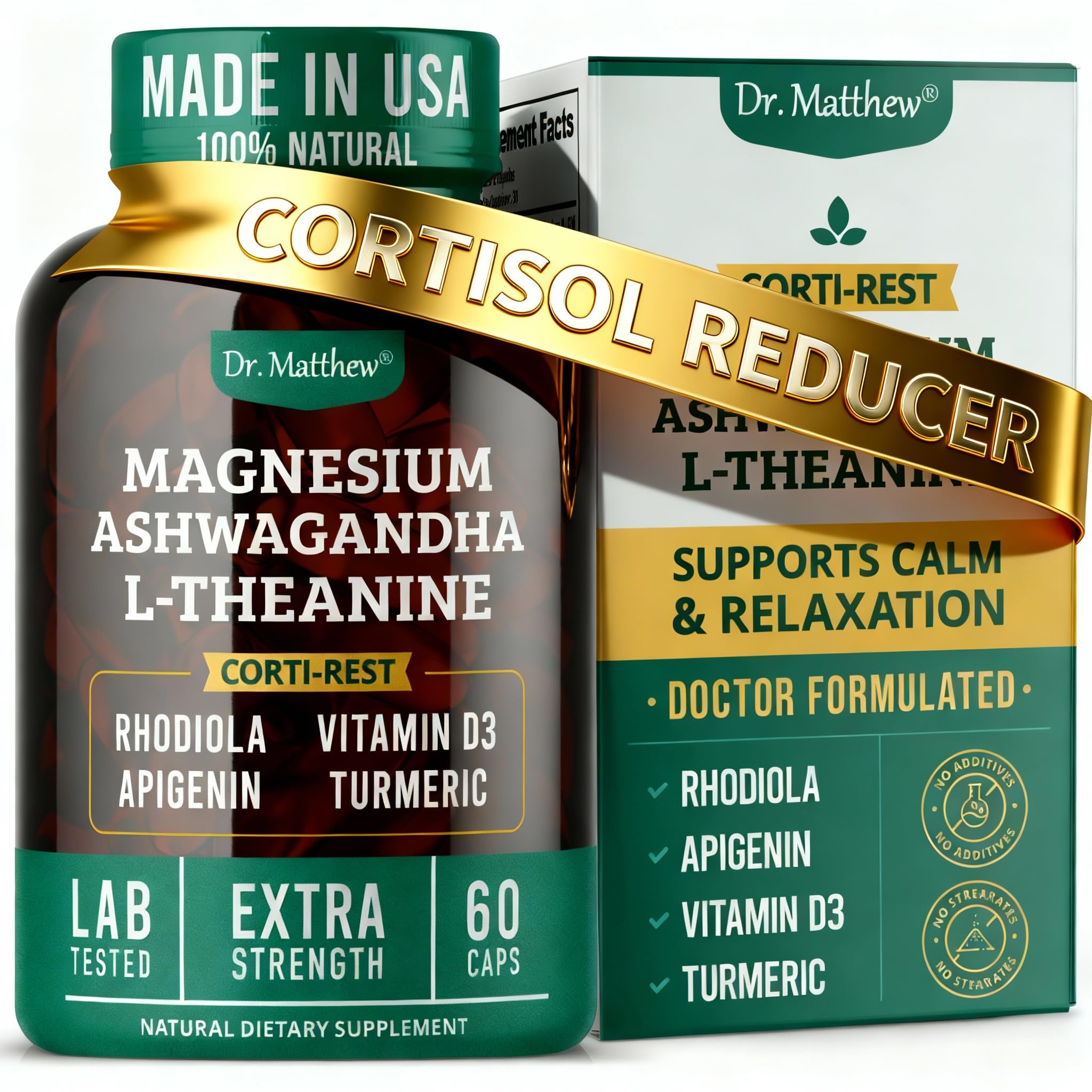 Cortisol Reducer & Adrenal Support Supplement–Natural Stress Relief with Ashwagandha KSM-66, Magnesium Glycinate & Citrate, L-Theanine, Rhodiola, Apigenin, Turmeric & Vitamin D3–Calm Mood & Relaxation Dr. Matthew uk supplements