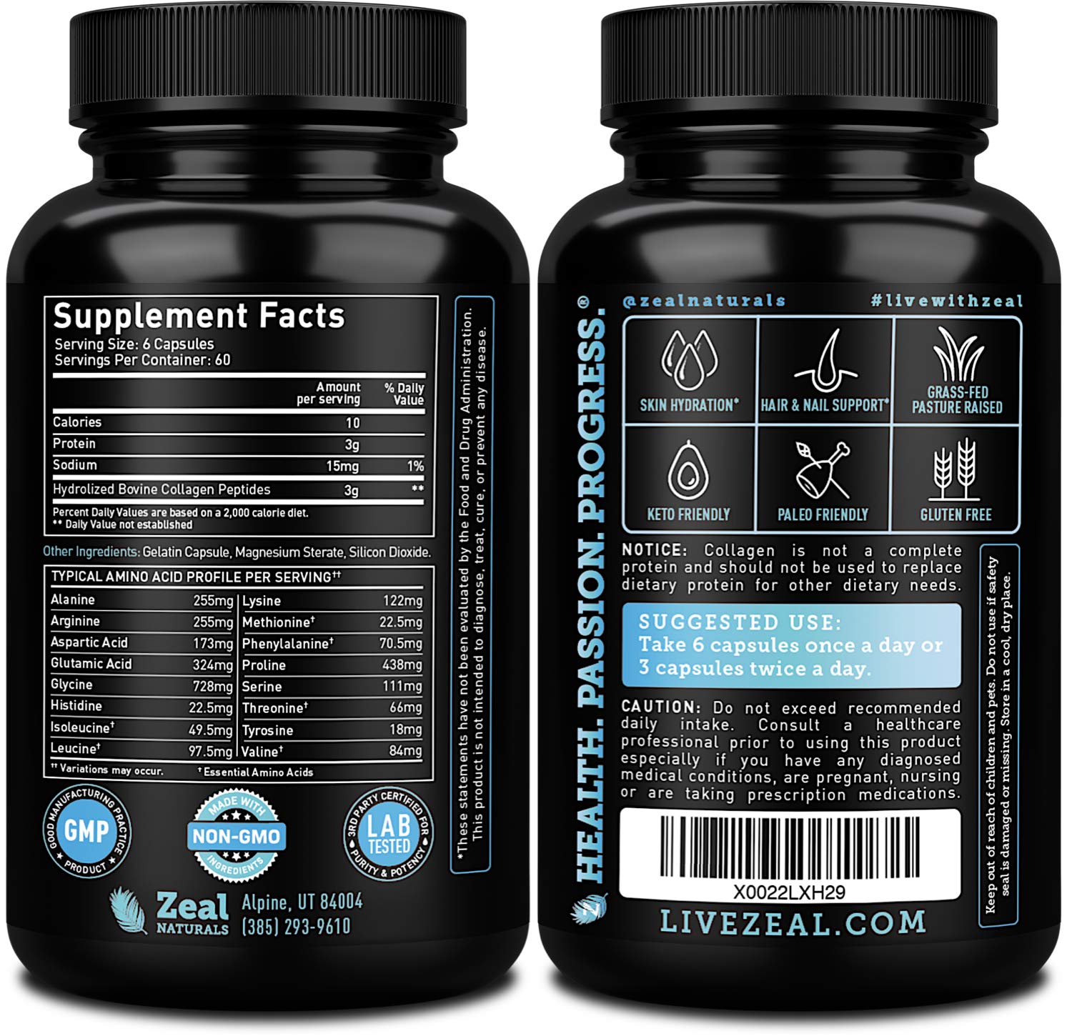 Zeal Naturals Collagen Peptides Collagen Pills (360 Capsules) Grass Fed Collagen Pepetide Powder - Hydrolyzed Collagen Powder for JointTendon SupplementHair Skin and Nails - Zeal Naturals uk supplements