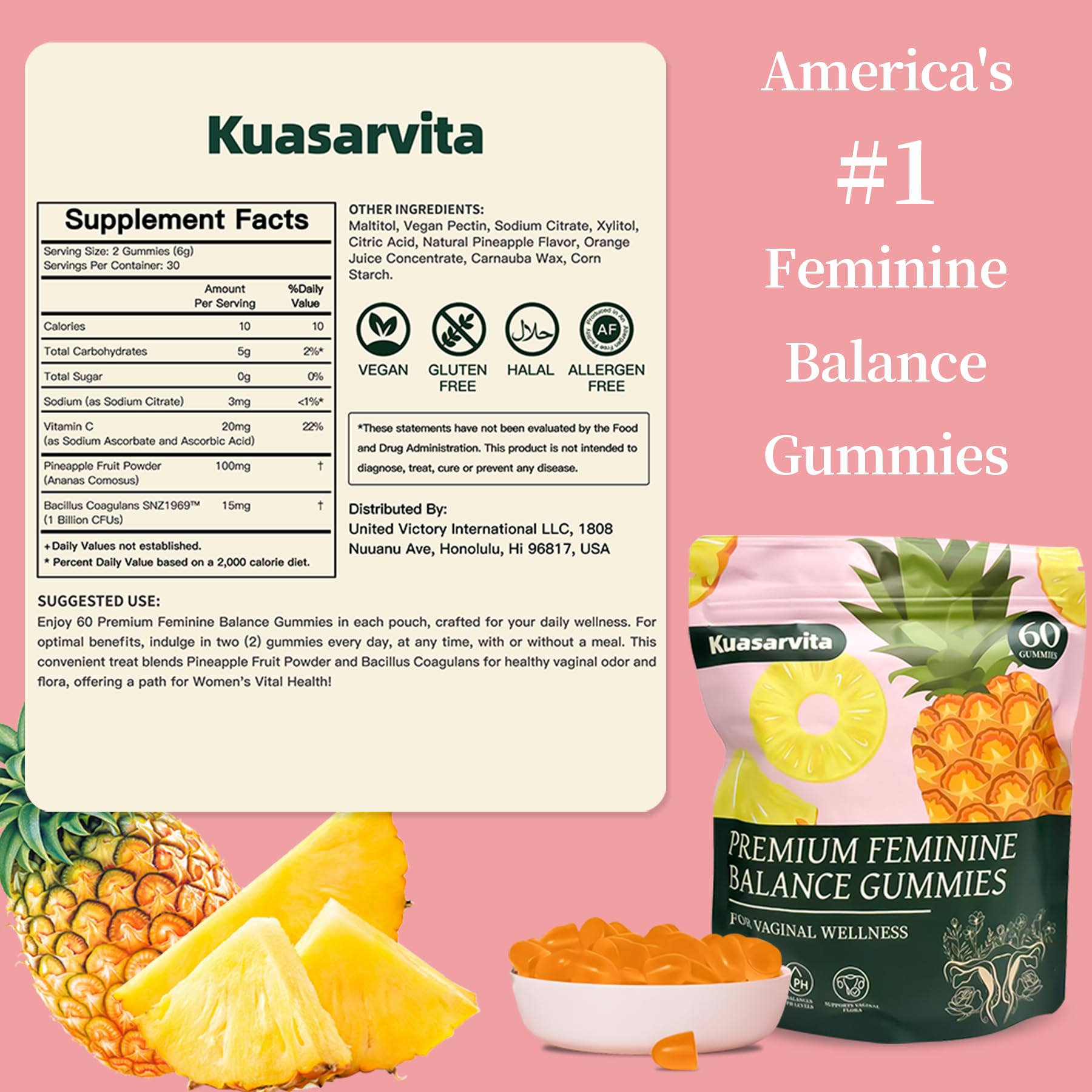 Kuasarvita Peeshlita Women’s Vaginal Probiotics Gummies – pH Balance Support + Feminine Wellness & Comfort, Pineapple Flavor, Natural Probiotic Blend – 60 Gummies Kuasarvita uk supplements