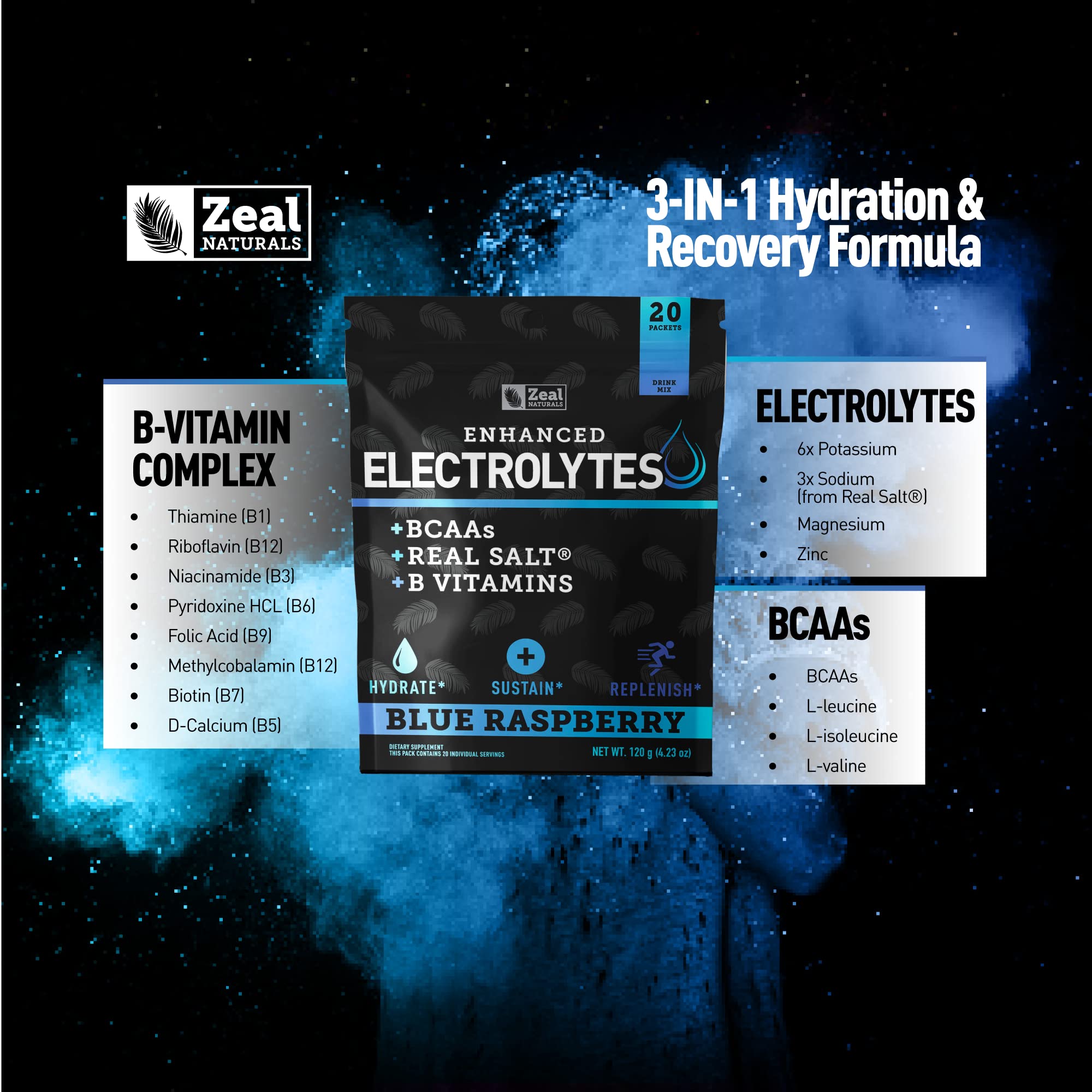 Enhanced Powder Stick Packs (Blue Raspberry - 20 Packets) Sugar Free + BCAA B-Vitamin Zeal Naturals uk supplements