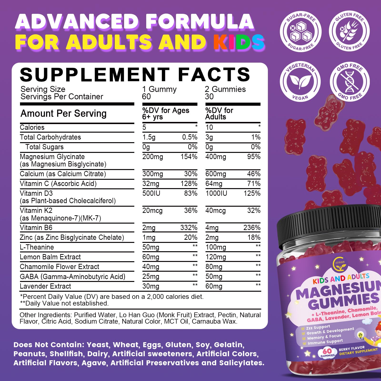 Magnesium Glycinate Gummies 400/200mg for Kids & Adults, NO Melatonin Sleep Aid Magnesium Supplement Gummies with Chamomile, Lavender, L-Theanine & GABA, B6, D3 & K2 for Bone, Relax, Immune Support GORNVB uk supplements