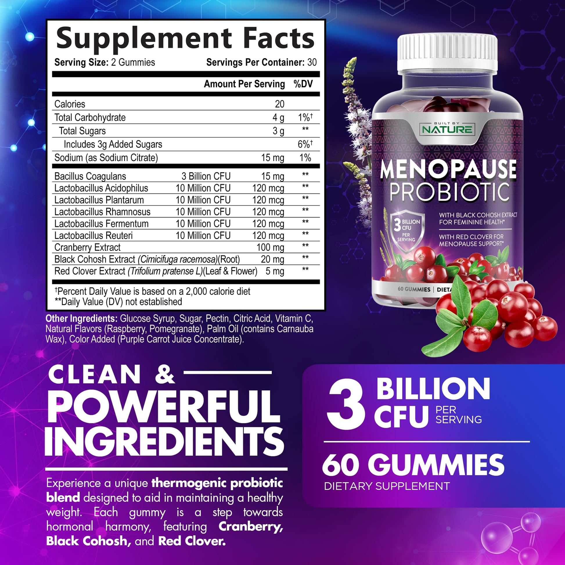 Menopause Supplements for Women - Menopause Probiotic Gummy - Women’s Menopause Relief for Hot Flashes, Night Sweats & Mood Swings with Black Cohosh & Cranberry - Non-GMO, Vegan - 60 Gummies Built by Nature uk supplements