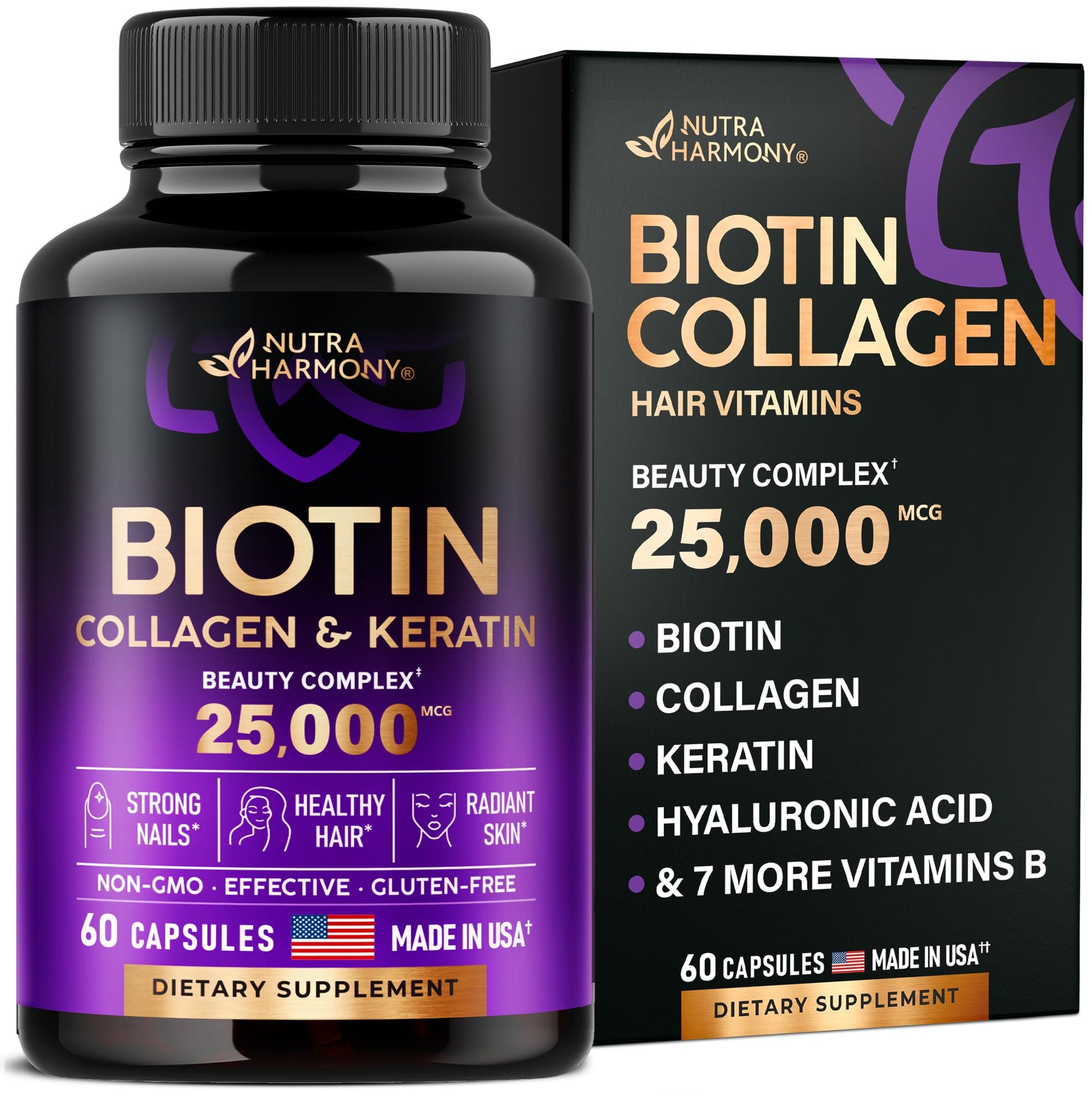 Biotin | Collagen | Keratin | Hyaluronic Acid - Hair Growth Support Pills, 25000 mcg NUTRAHARMONY uk supplements