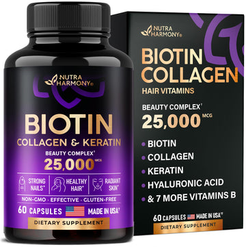 Biotin | Collagen | Keratin | Hyaluronic Acid - Hair Growth Support Pills, 25000 mcg NUTRAHARMONY uk supplements