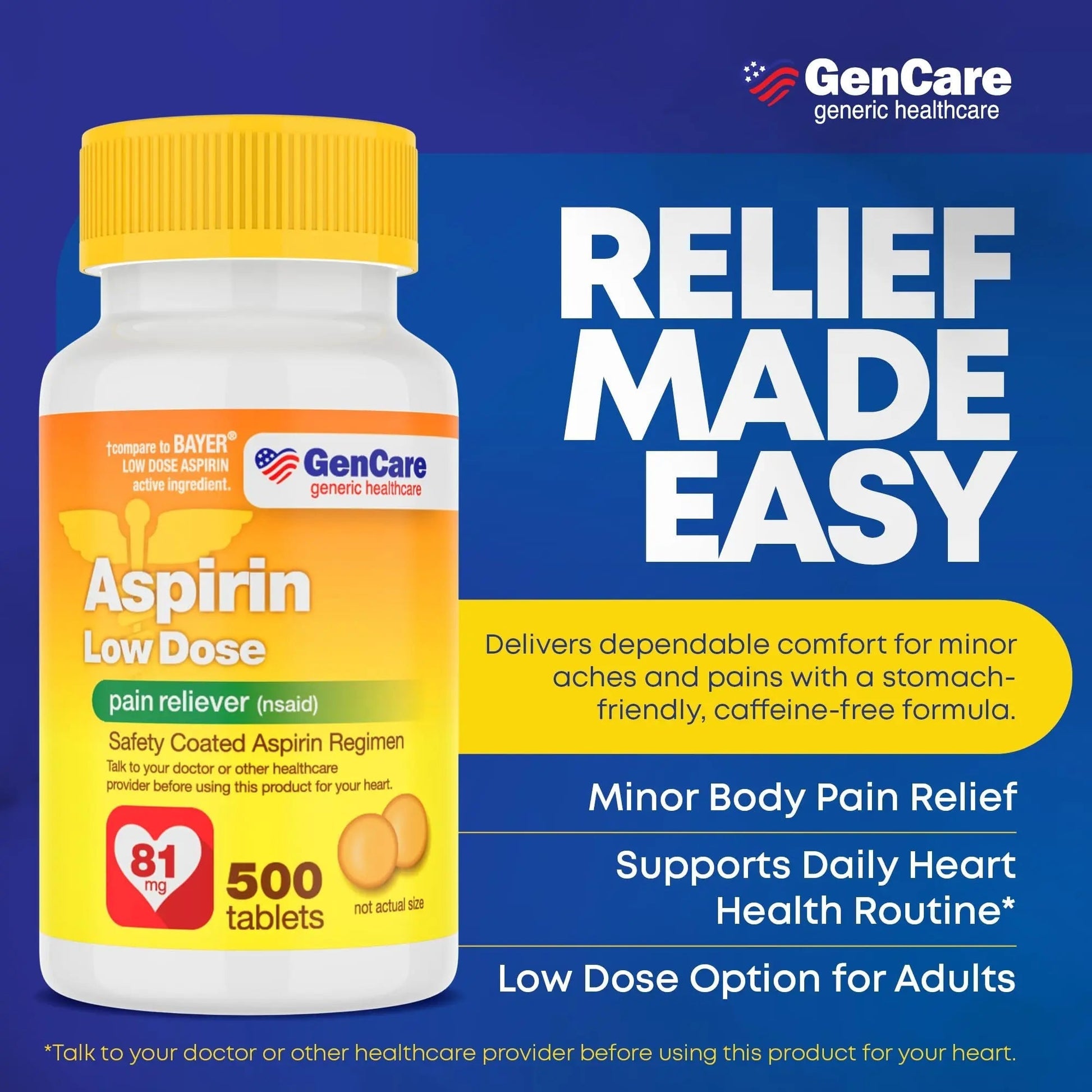 GenCare - Low Dose Aspirin 81mg for Adults Coated (NSAID) 500 Tablets | Adult Low Dose | Enteric Coated Aspirin Pills | Muscle Pain & Menstrual Pain Relief | Fever Reducer | Generic Bayer GenCare uk supplements