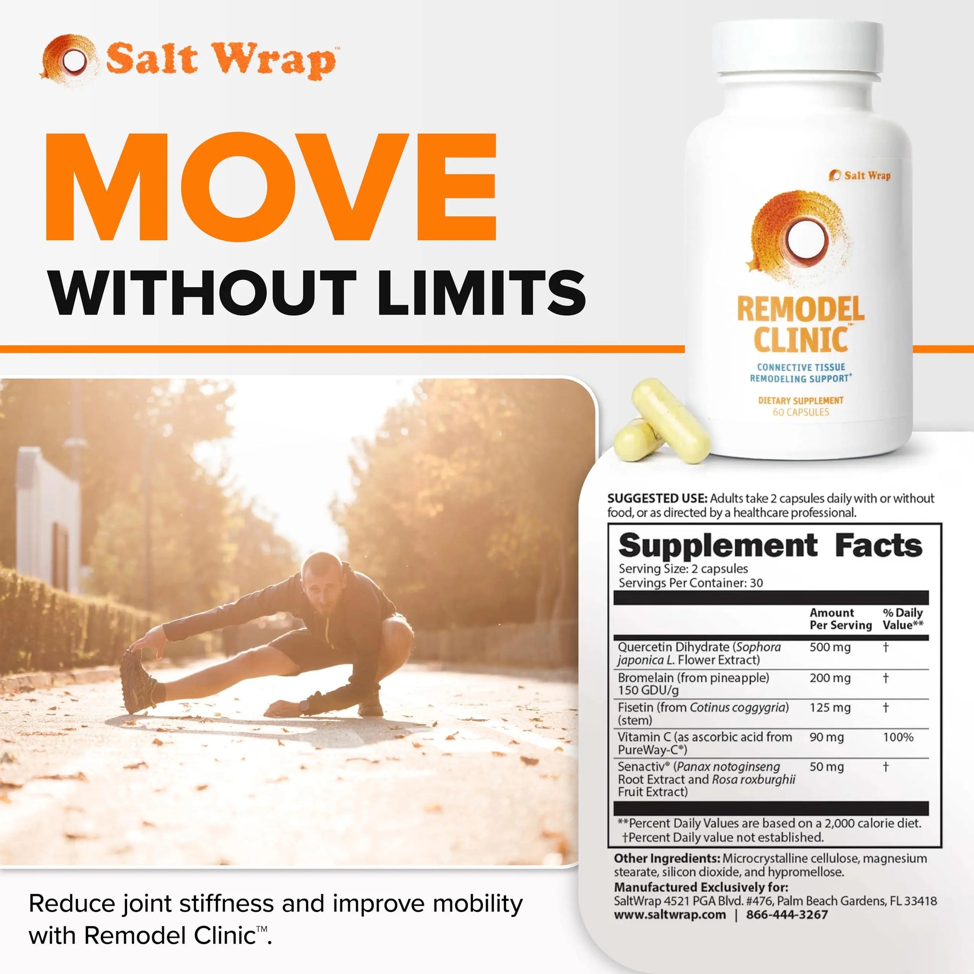 SaltWrap Remodel Clinic - Joint Remodeling Supplement for Senescent Cell Removal and Scar Tissue - Improve Mobility, Reduce Connective Tissue Stiffness - Fisetin, Quercetin, Bromelain - 60 Capsules SaltWrap uk supplements