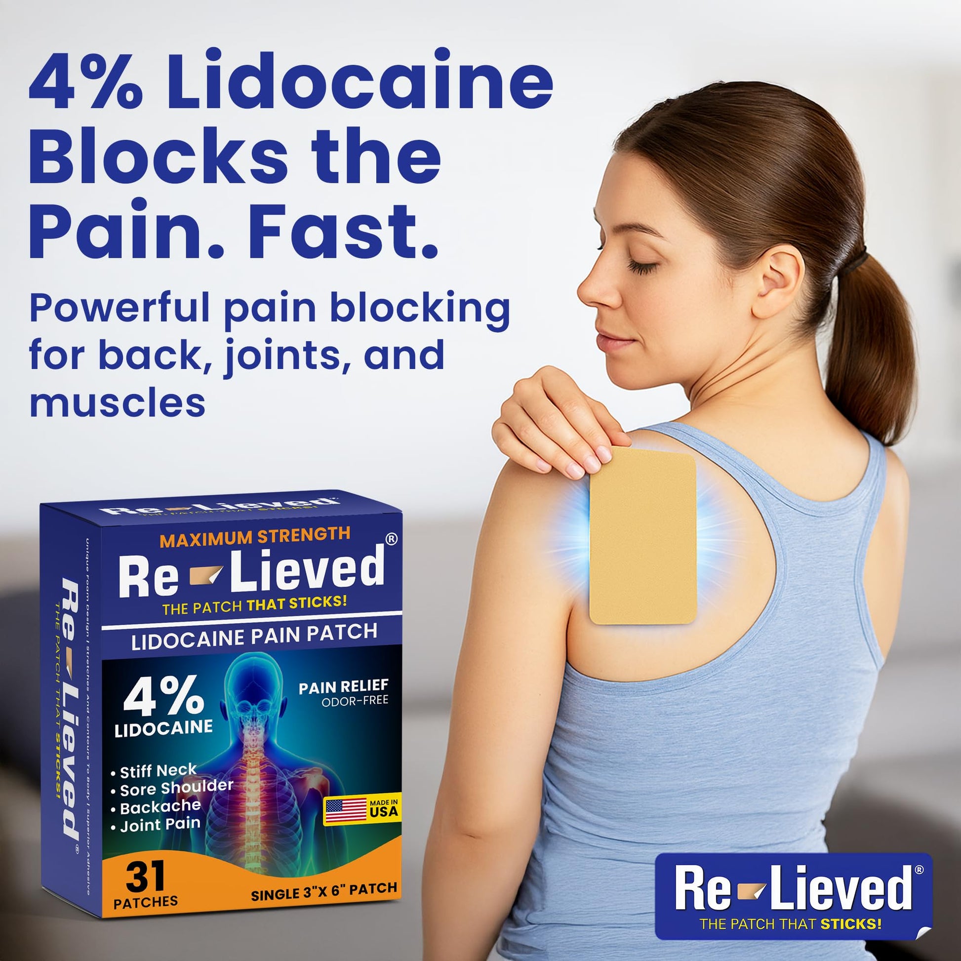 Re-Lieved 4% Lidocaine Patches Maximum Strength - Aluminum-Free, Water Resistant and USA Made -Superior Sticking Pain Relief Patches Quickly Relieves Back, Joints and Muscle Pain-3x6 Inches (31 Count) Re-lieved uk supplements