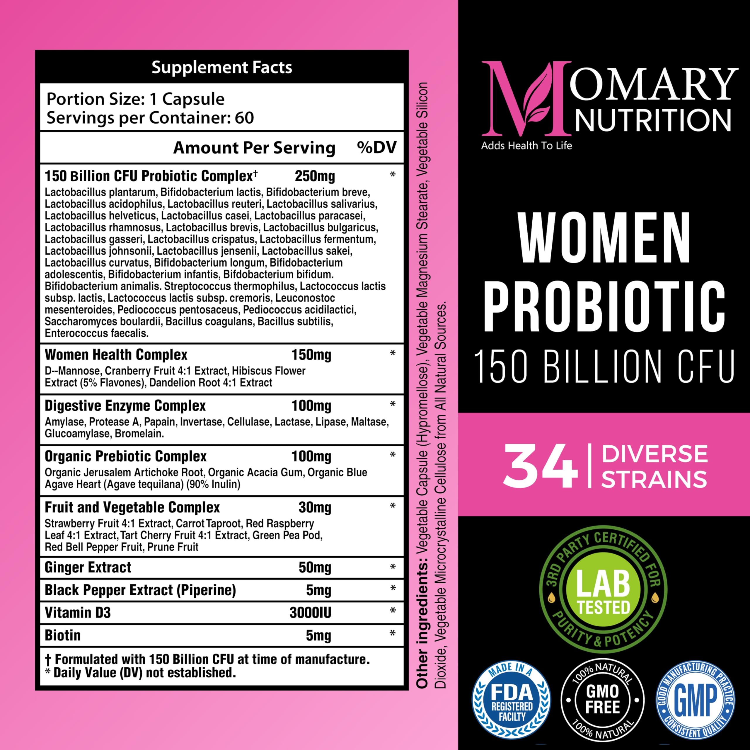 9-in-1 Bio Cultures Complex for Women – 150 Billion CFU Probiotics with 34 Diverse Strains, Organic Prebiotics, Postbiotics, Digestive Enzymes & Biotin – Supports Digestive Balance & Gut Microbiome MOMARY NUTRITION uk supplements