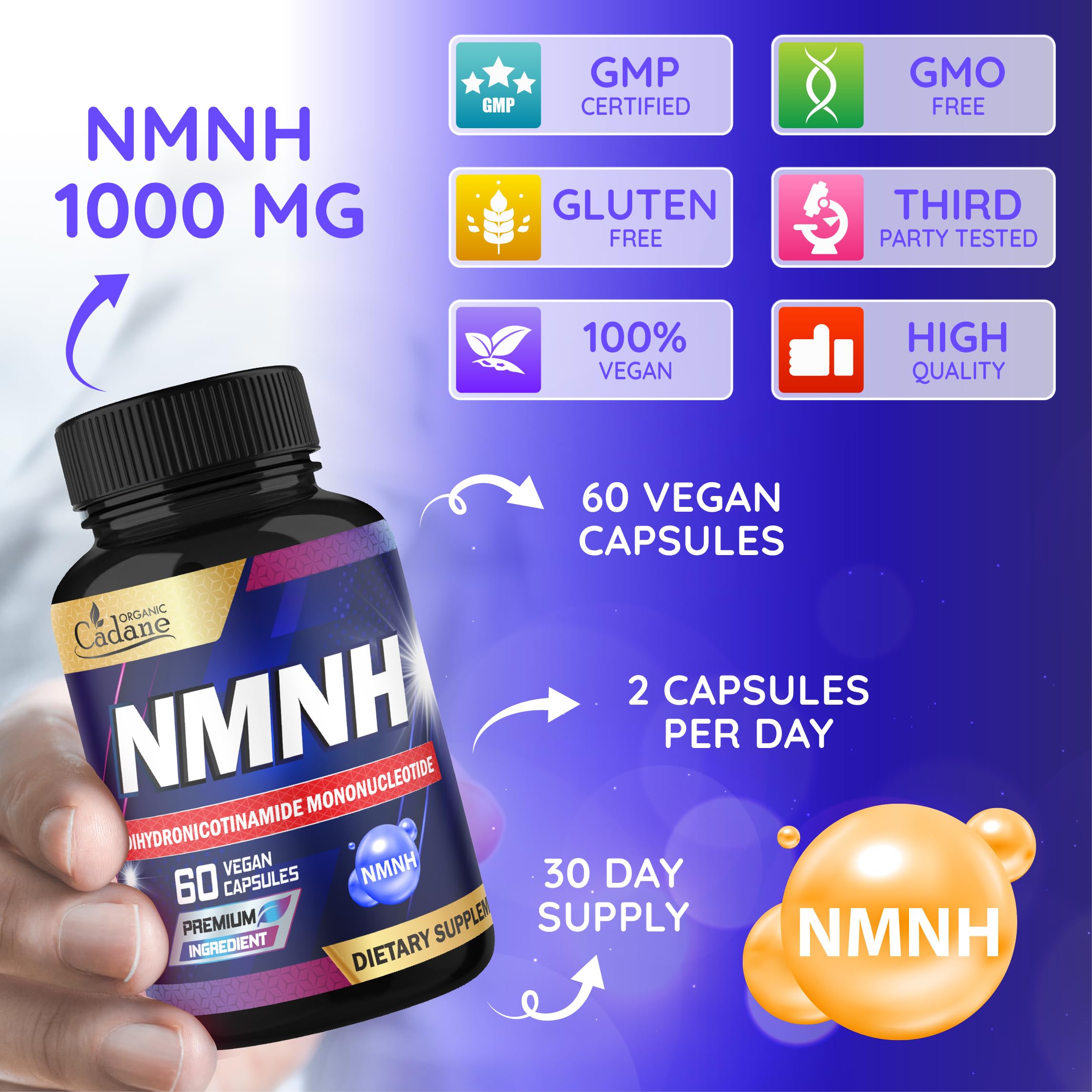 Cadane NMNH Supplement | Support Energy & Healthy Aging | Dihydronicotinamide Mononucleotide | Non-GMO – 60 Capsules – 30-Day Organic Cadane uk supplements