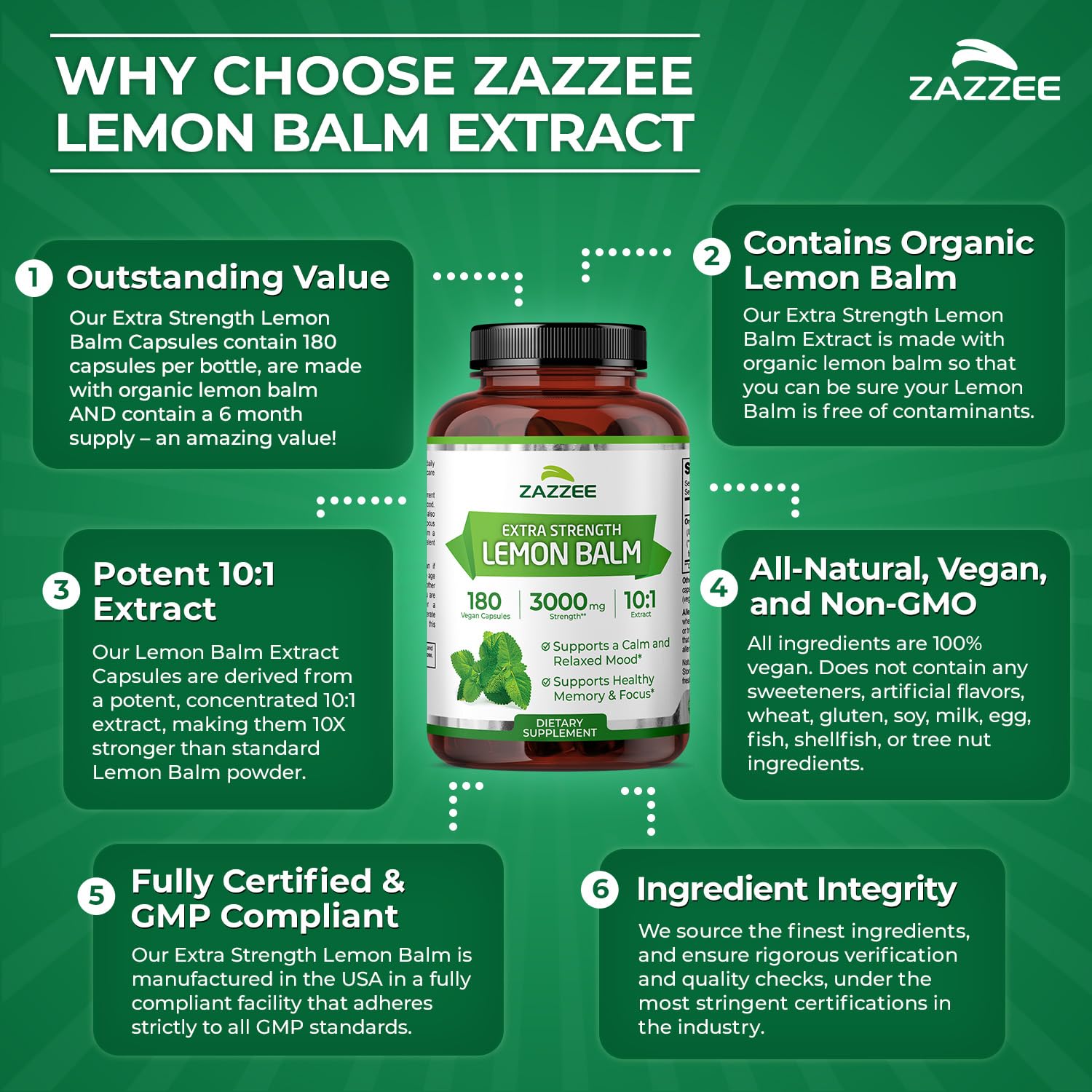Zazzee Organic Lemon Balm 10:1 Extract, 180 Vegan Capsules, 6 Month Supply, Melissa Officinalis, Calm, Mood, Stress & Relaxation Support, Herbal Supplement, All-Natural, Non-GMO, Made in the USA Zazzee uk supplements