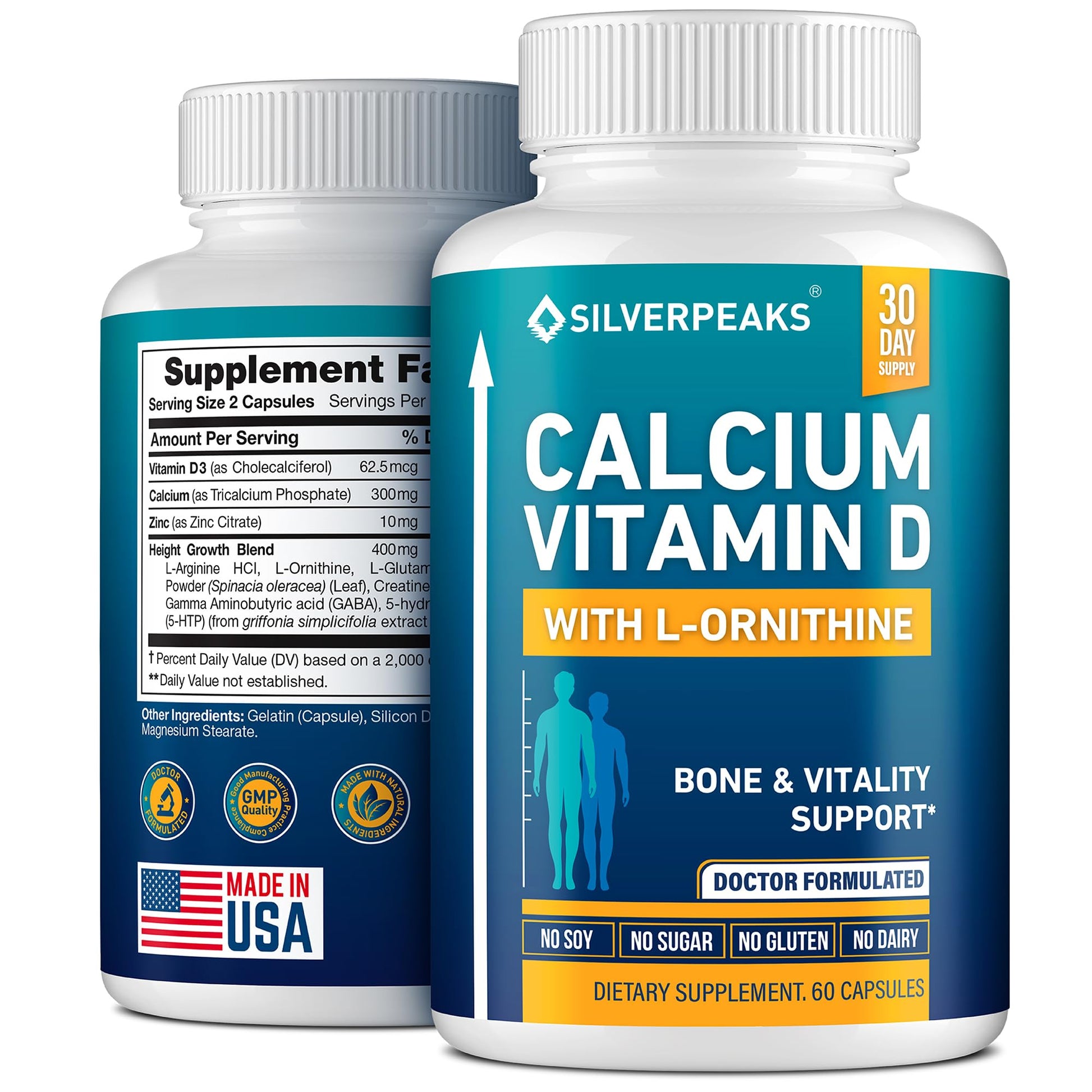 Calcium Supplement with Vitamin D3 and Zinc for Bone Health – Supports Bone Strength & Density – Gentle Non-Constipating Mineral & Amino Acids Blend for Women & Men - 60 Capsules (30 Day Supply) SILVERPEAKS uk supplements